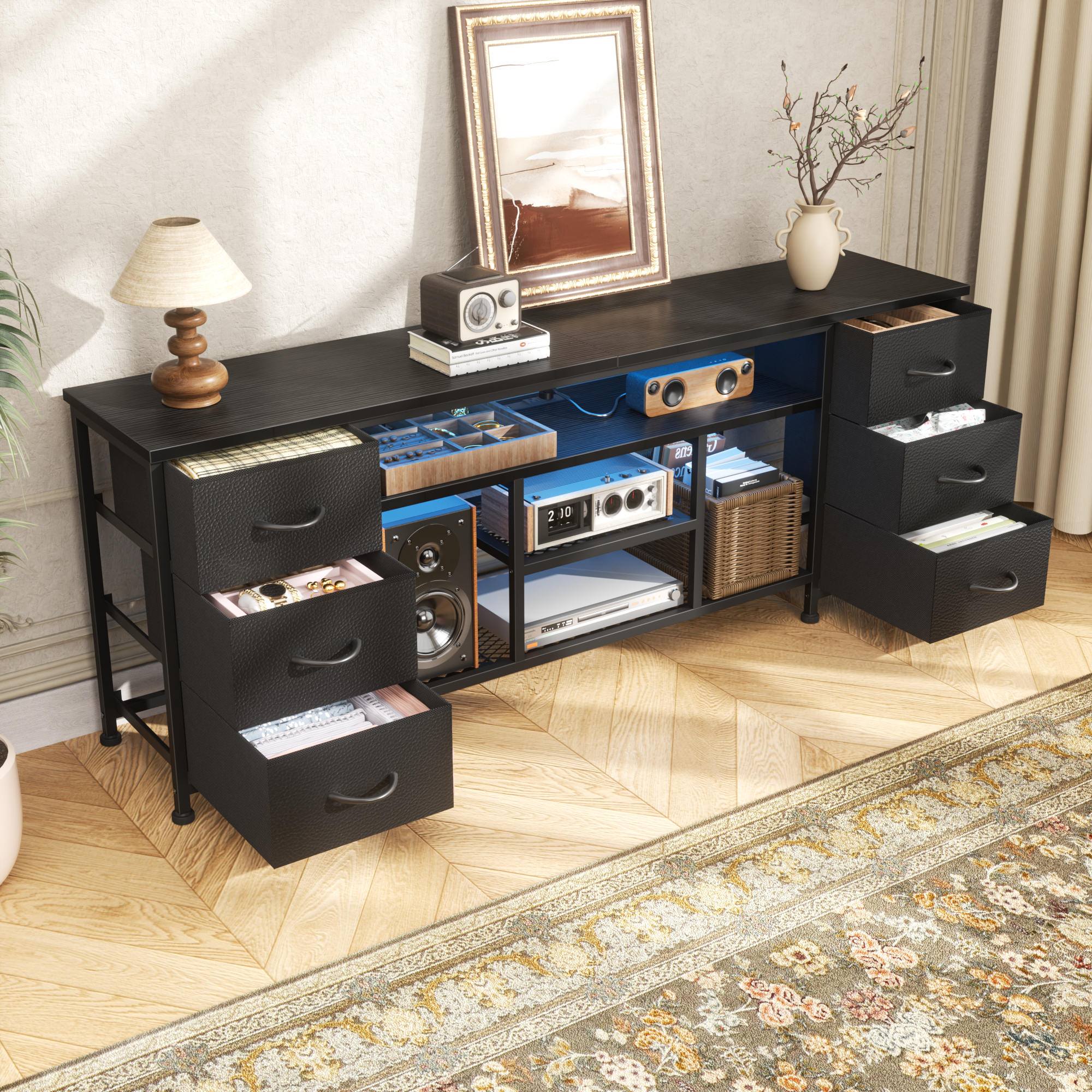 Qwatto 63 Inch Black TV Stand Dresser with Charging Station LED Lights 6 Fabric Drawers Entertainment Center for TVs up to 70 Inch Bedroom Storage
