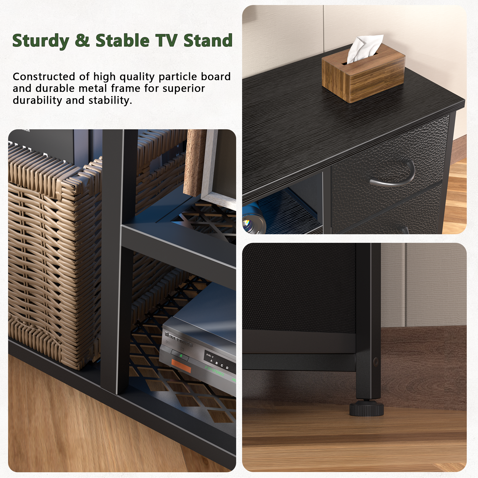 Qwatto 63 Inch Black TV Stand Dresser with Charging Station LED Lights 6 Fabric Drawers Entertainment Center for TVs up to 70 Inch Bedroom Storage
