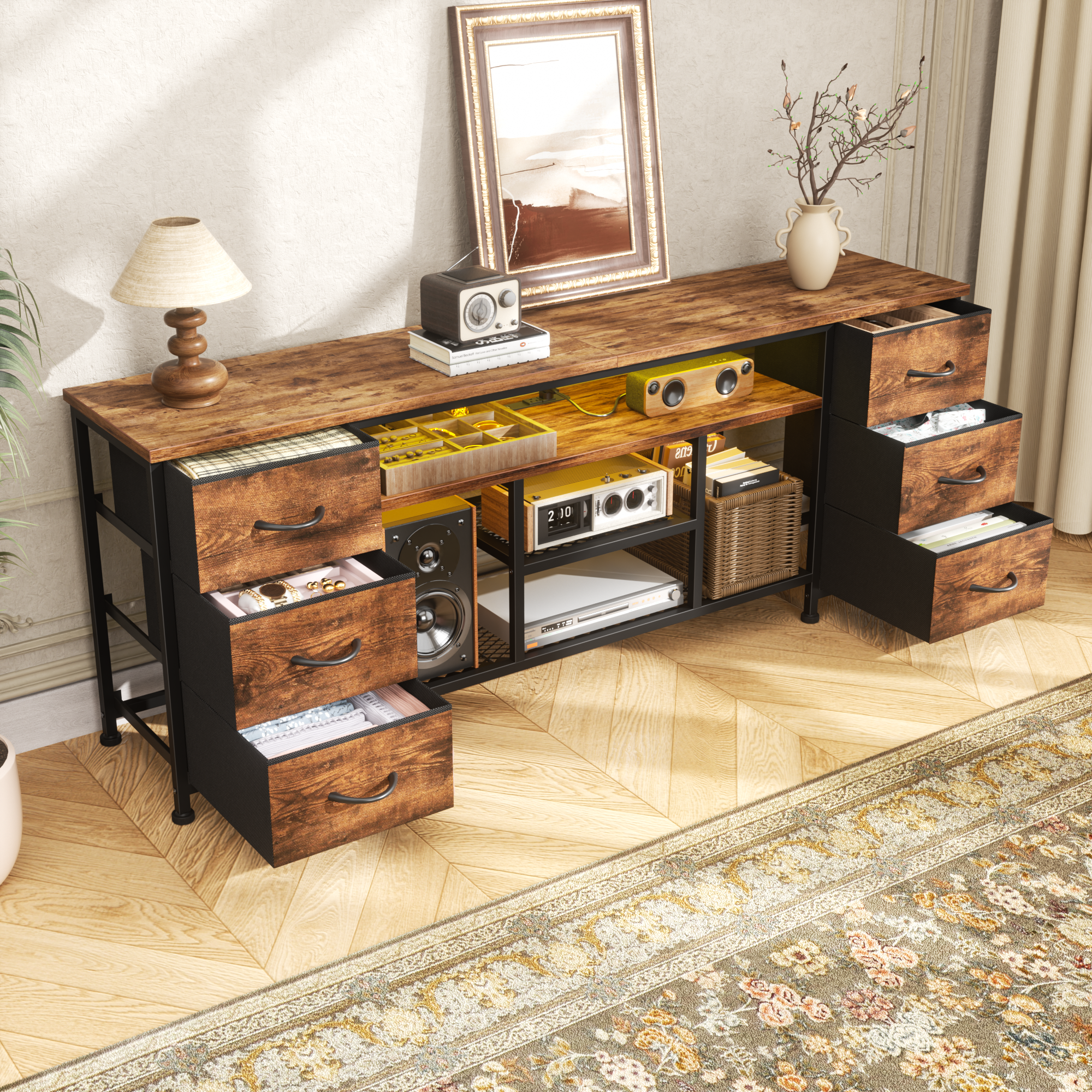 Qwatto 63 Inch Brown TV Stand Dresser with Charging Station LED Lights 6 Fabric Drawers Entertainment Center for TVs up to 70 Inch Bedroom Storage