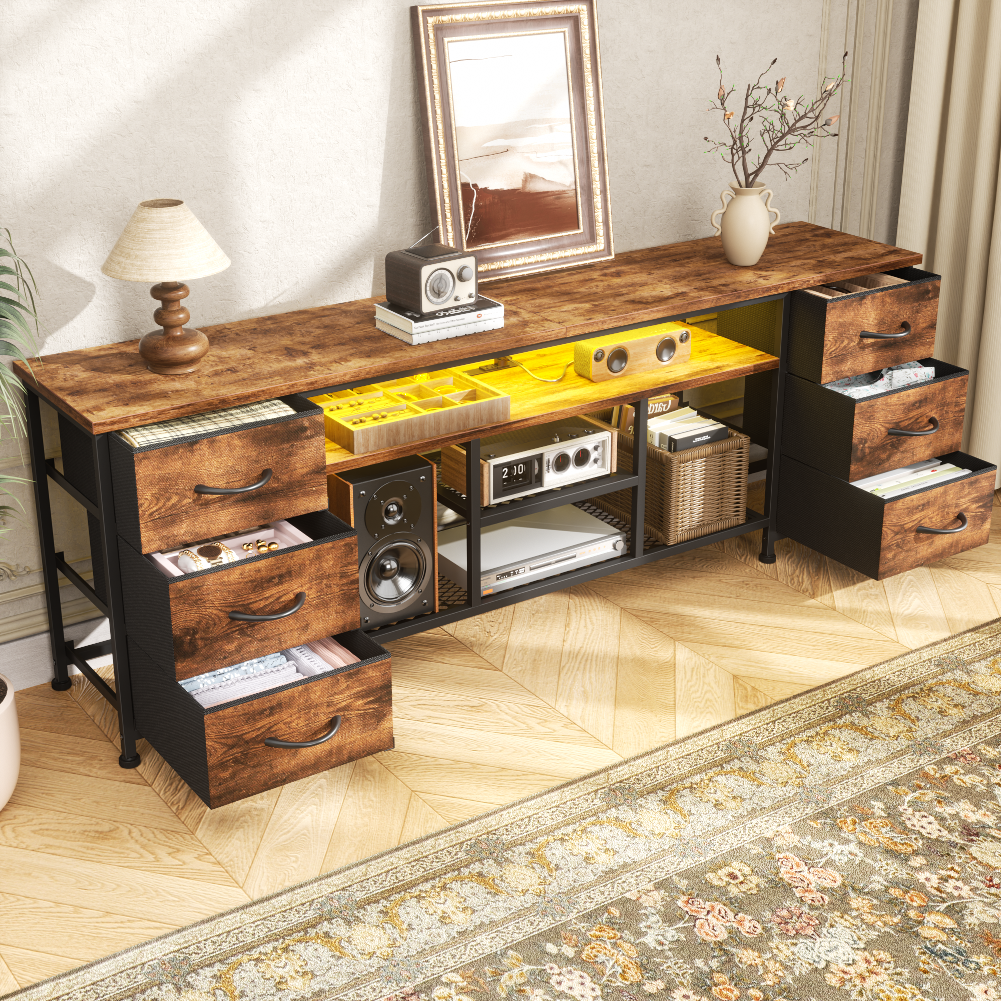 71 Inch Brown TV Stand Dresser with Charging Station LED Lights 6 Fabric Drawers PU Leather Media Console for TVs up to 80 Inch Bedroom Storage