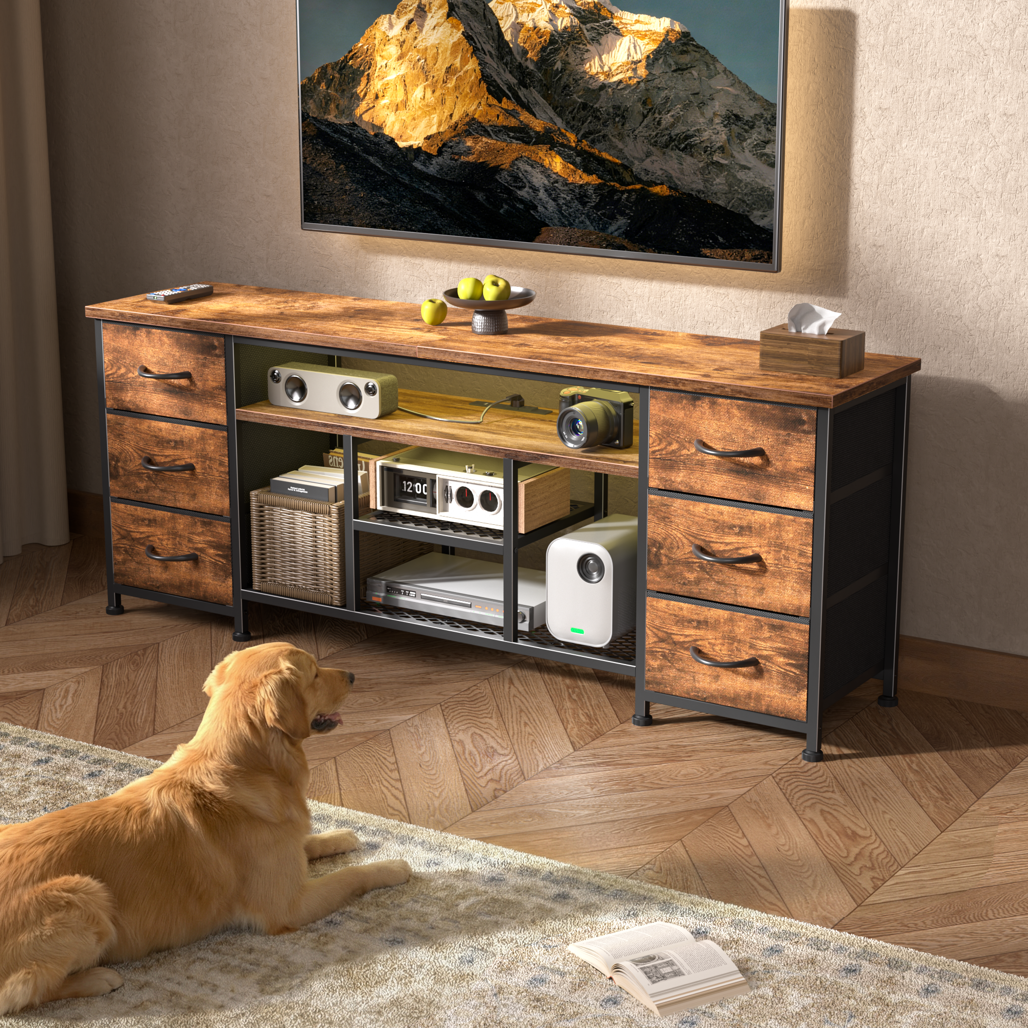 Qwatto 55 Inch Brown TV Stand Dresser with Charging Station LED Lights 6 Fabric Drawers Entertainment Center for TVs up to 60 Inch Bedroom Storage
