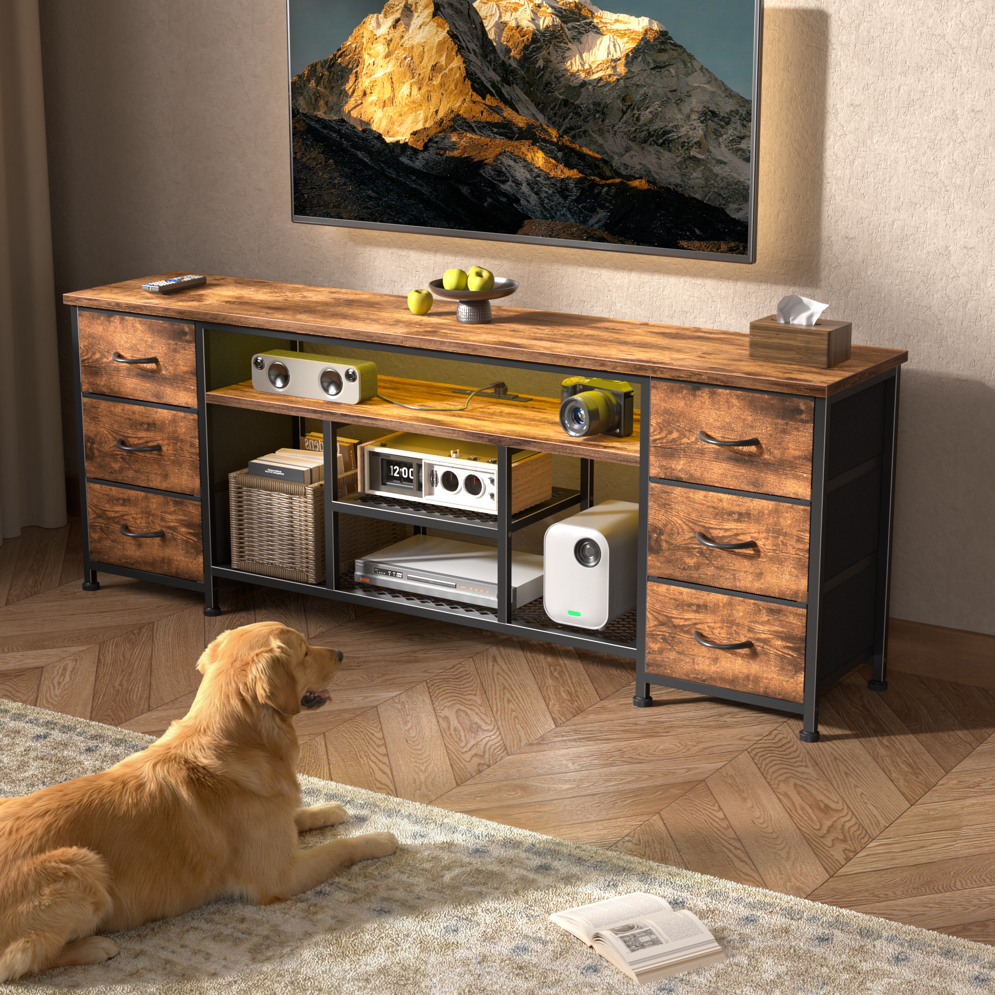 Qwatto 63 Inch Brown TV Stand Dresser with Charging Station LED Lights 6 Fabric Drawers Entertainment Center for TVs up to 70 Inch Bedroom Storage