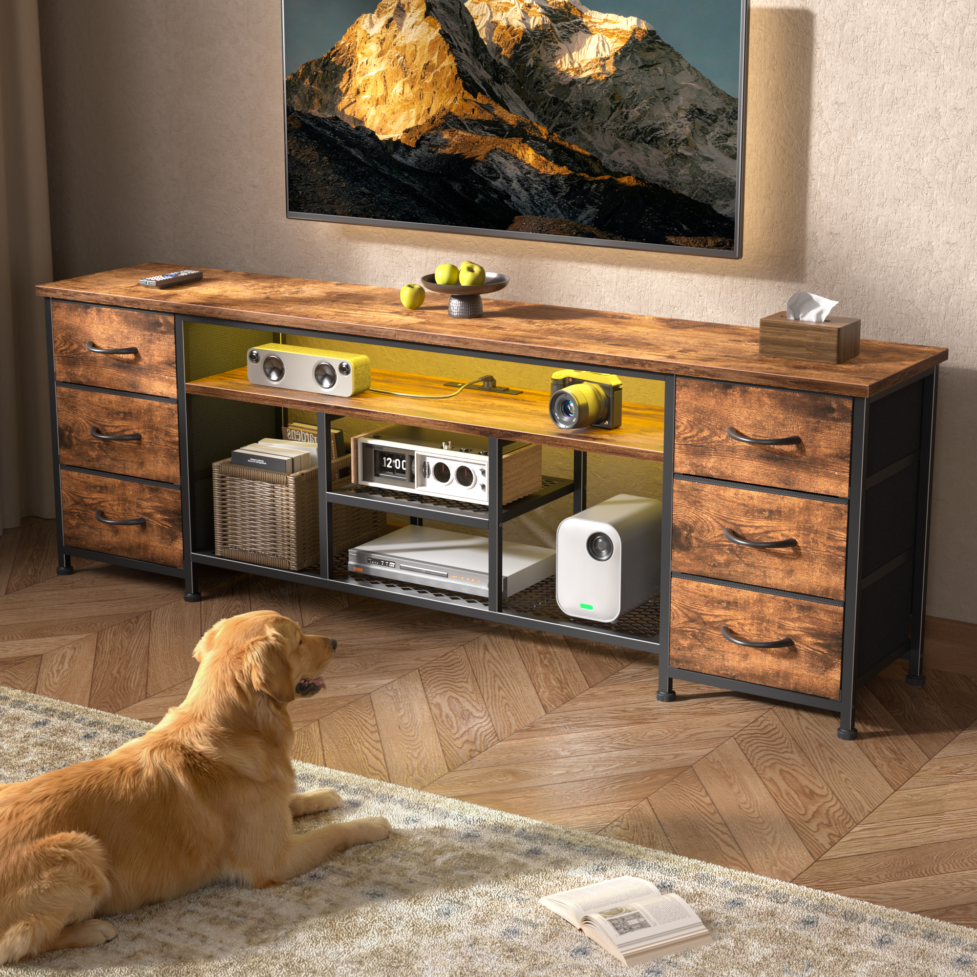 71 Inch Brown TV Stand Dresser with Charging Station LED Lights 6 Fabric Drawers PU Leather Media Console for TVs up to 80 Inch Bedroom Storage