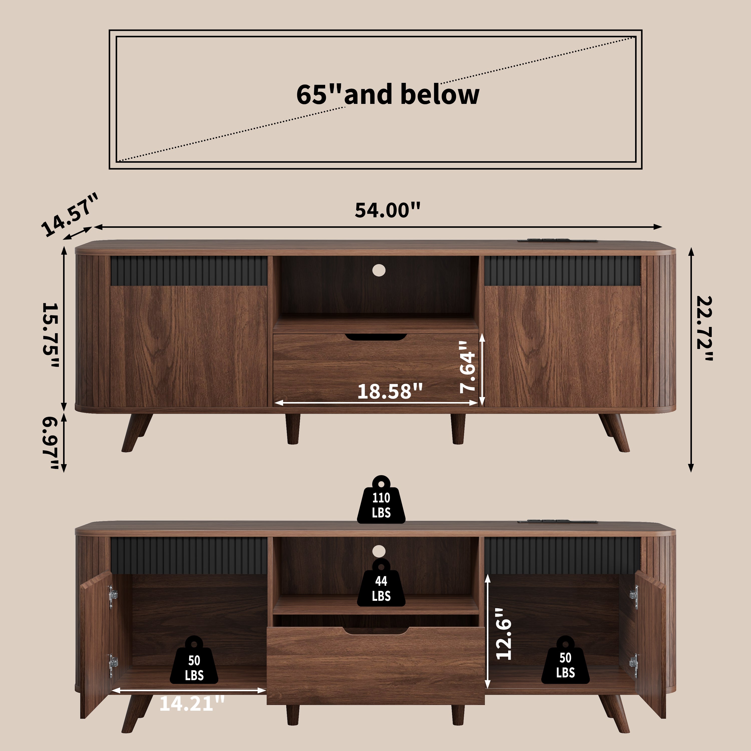 55-in TV Stand with Storage for TVs up to 65-in With Drawer slides Tambour Media Console With Charging Station Shelves Cable Management Wood Legs walnut