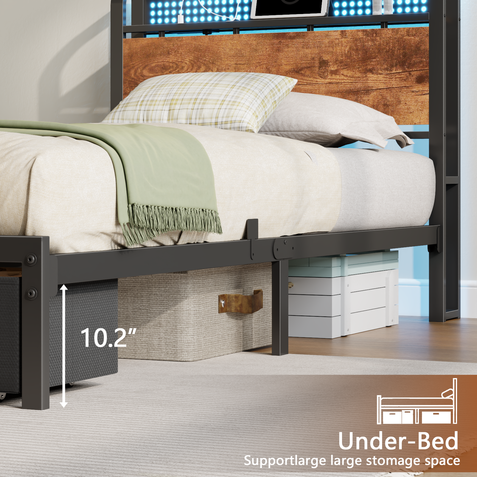 Twin Size Bed Frame with Headboard Storage Platform Bed Frame Twin Size with 2 Drawers Charging Station and LED Lights No Box Spring Needed