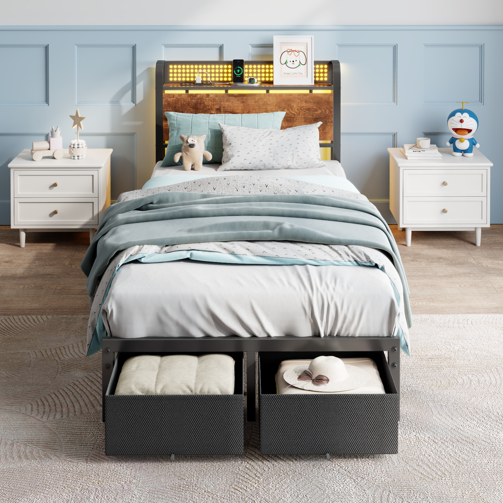 Twin Size Bed Frame with Headboard Storage Platform Bed Frame Twin Size with 2 Drawers Charging Station and LED Lights No Box Spring Needed