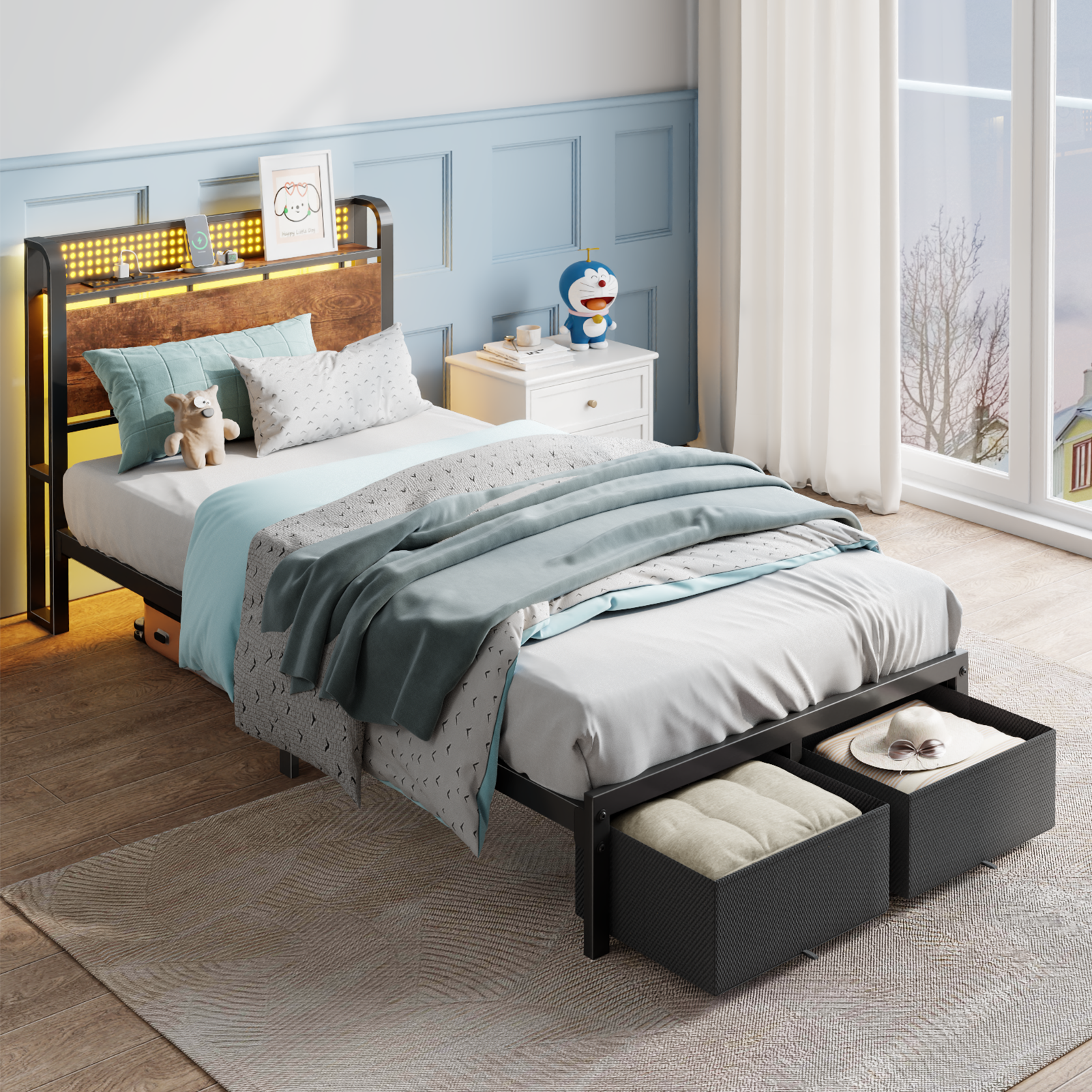 Twin Size Bed Frame with Headboard Storage Platform Bed Frame Twin Size with 2 Drawers Charging Station and LED Lights No Box Spring Needed
