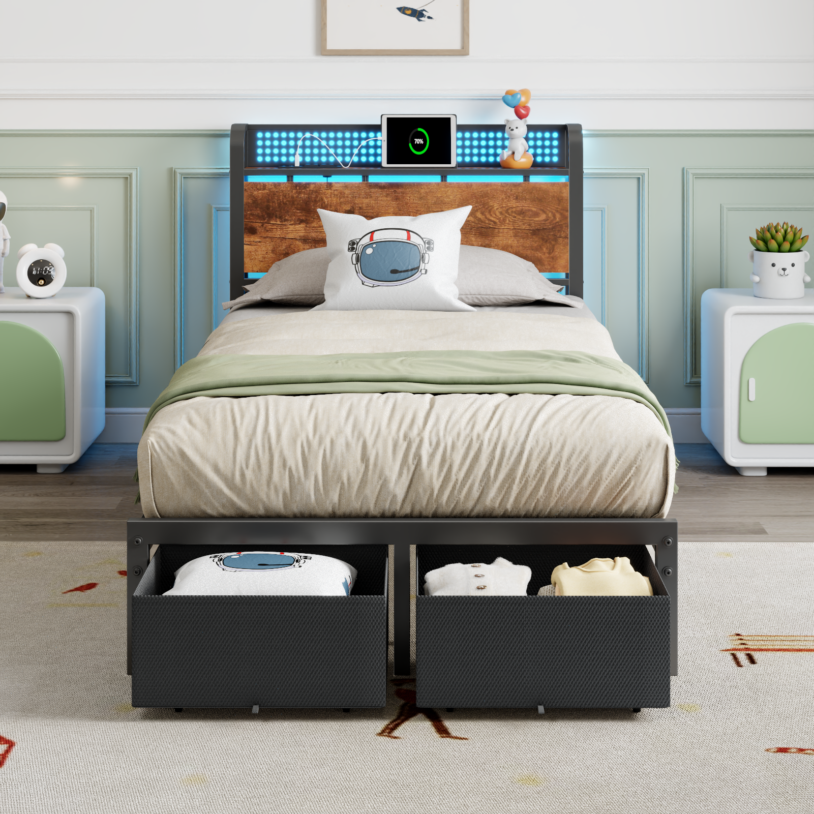 Twin Size Bed Frame with Headboard Storage Platform Bed Frame Twin Size with 2 Drawers Charging Station and LED Lights No Box Spring Needed