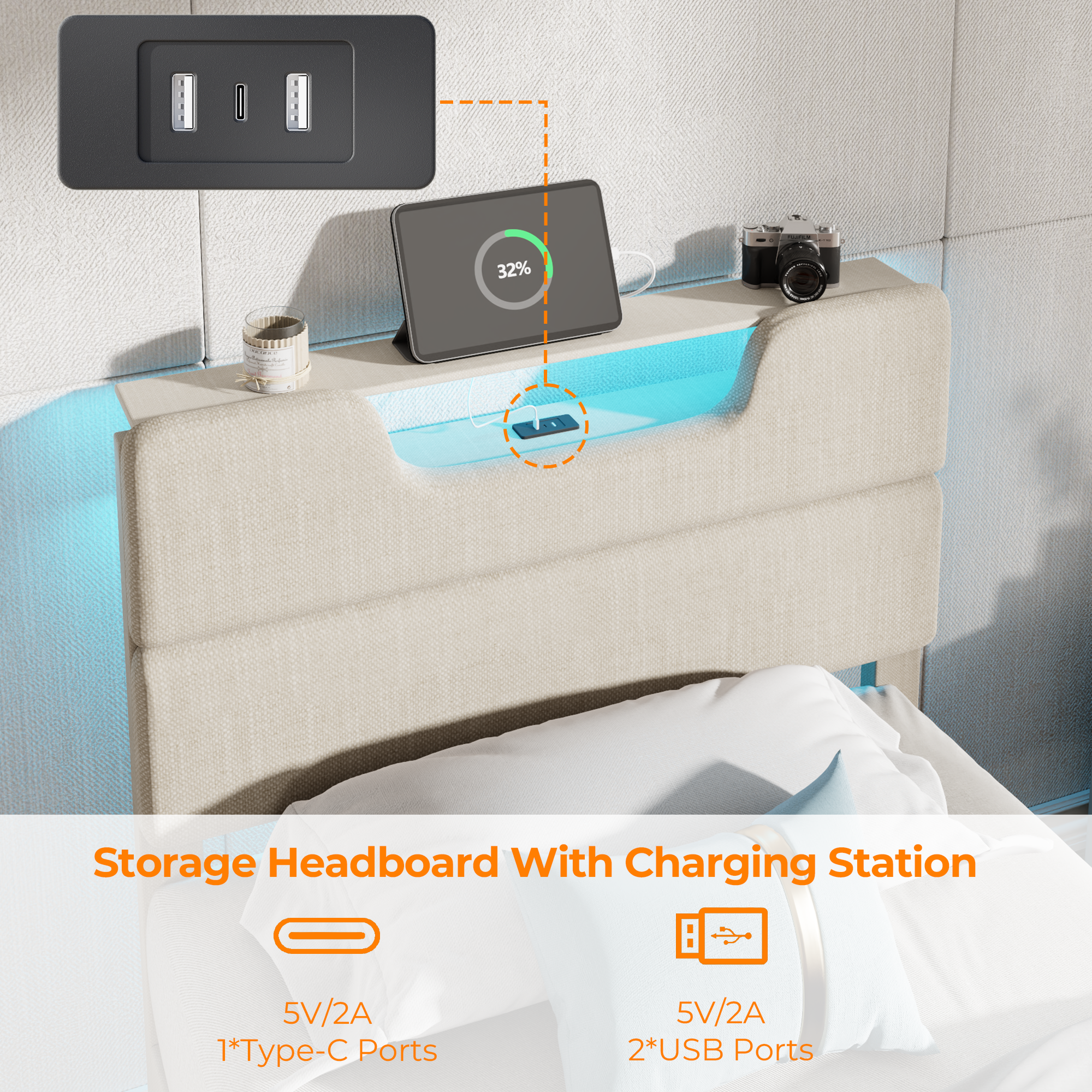 Twin Size Metal Platform Bed Frame Upholstered Headboard LED Lights Charging Station Heavy Duty Support No Box Spring Needed Bedroom USB
