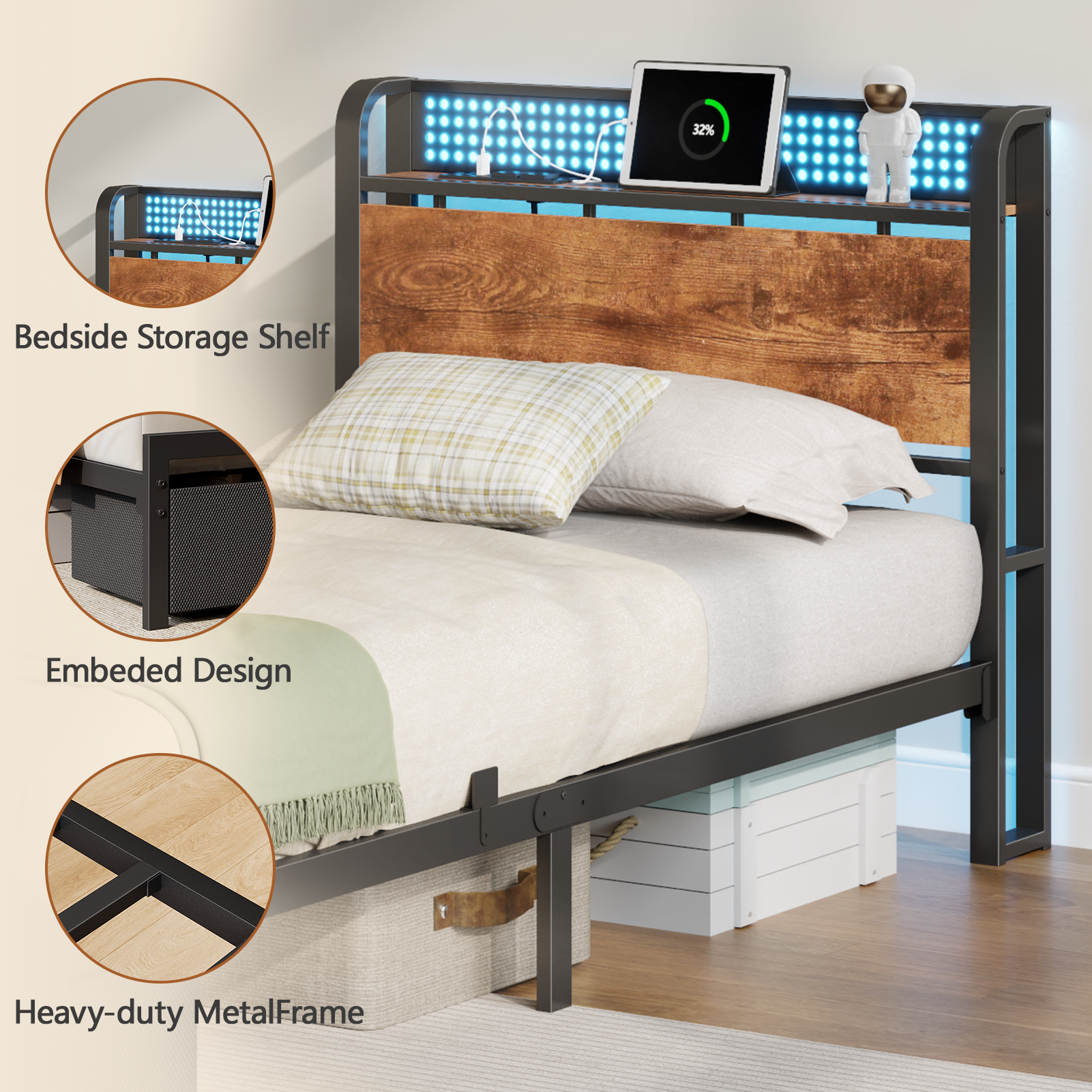 Twin Size Bed Frame with Headboard Storage Platform Bed Frame Twin Size with 2 Drawers Charging Station and LED Lights No Box Spring Needed