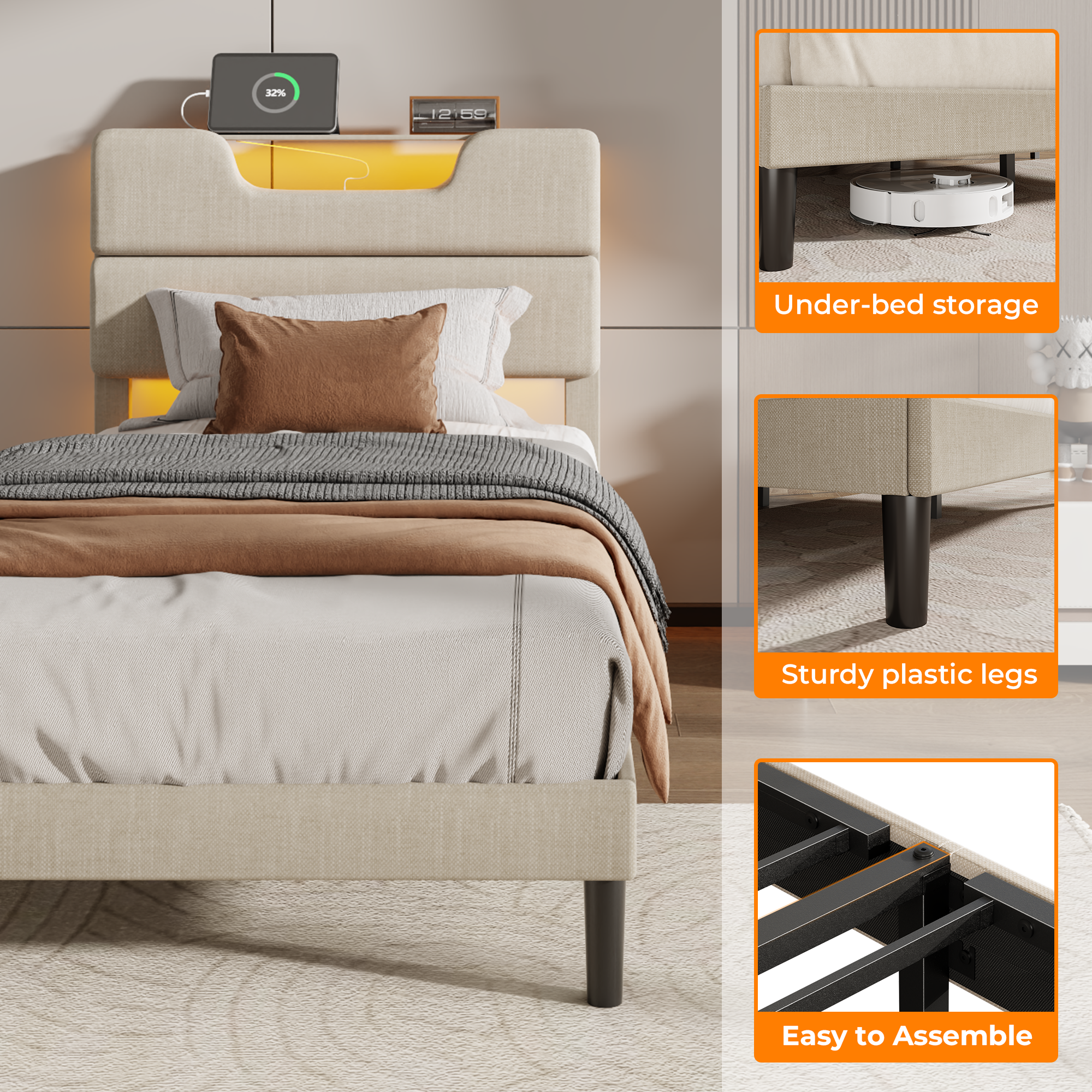 Twin Size Metal Platform Bed Frame Upholstered Headboard LED Lights Charging Station Heavy Duty Support No Box Spring Needed Bedroom USB