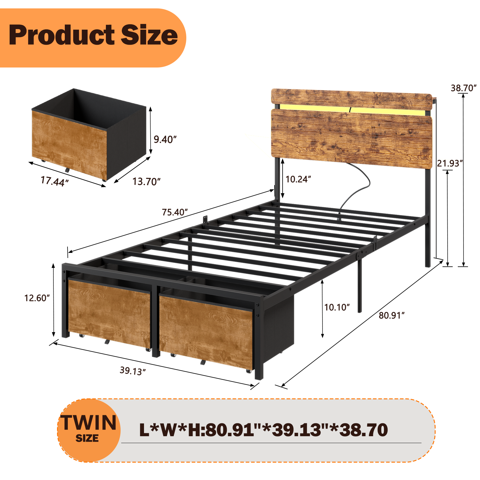 Twin Size Bed Frame with Wood Headboard Metal Platform Bed with 2 Storage Drawers Shelf Built in Charging Station LED Lights No Box Spring Needed