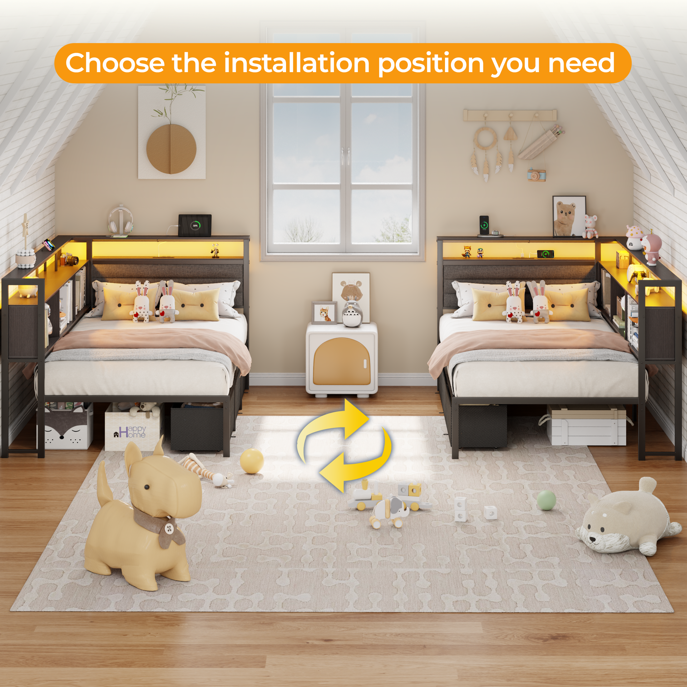 Twin Size Daybed with 3 Storage Drawers Charging Station LED Lights Bookcase Headboard Black Upholstered Corner Bed Frame Kids Teens