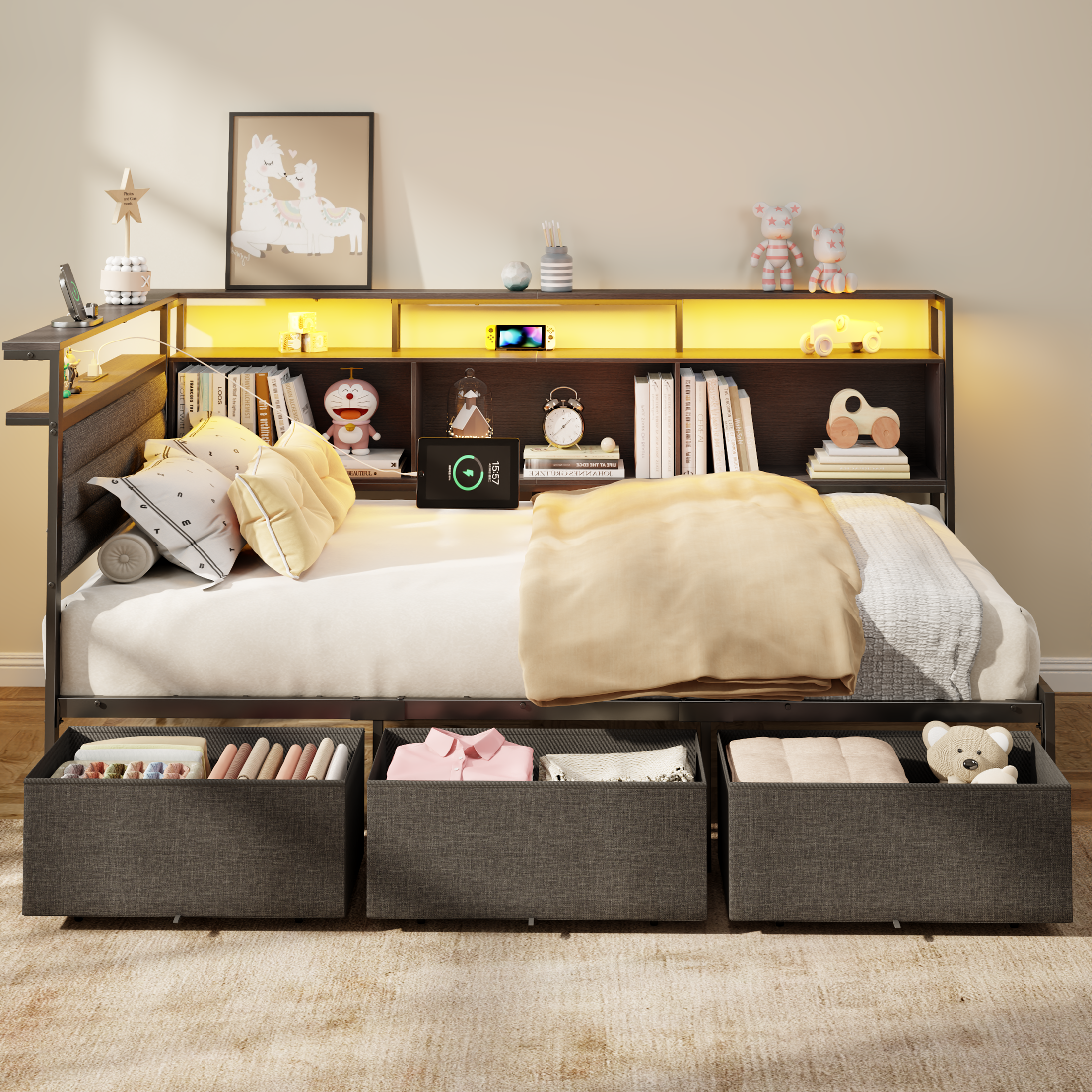 Twin Corner Bed Frame with Storage Bookcase LED Lights Charging Station 3 Drawers Black Upholstered Daybed Platform Bed Slat Support