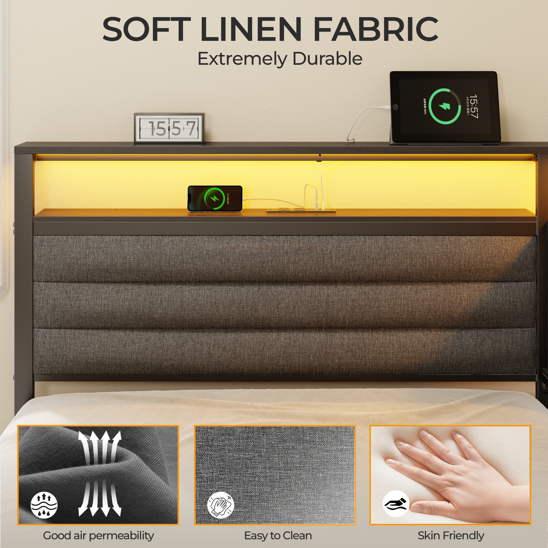 Twin Corner Bed Frame with Storage Bookcase LED Lights Charging Station 3 Drawers Black Upholstered Daybed Platform Bed Slat Support