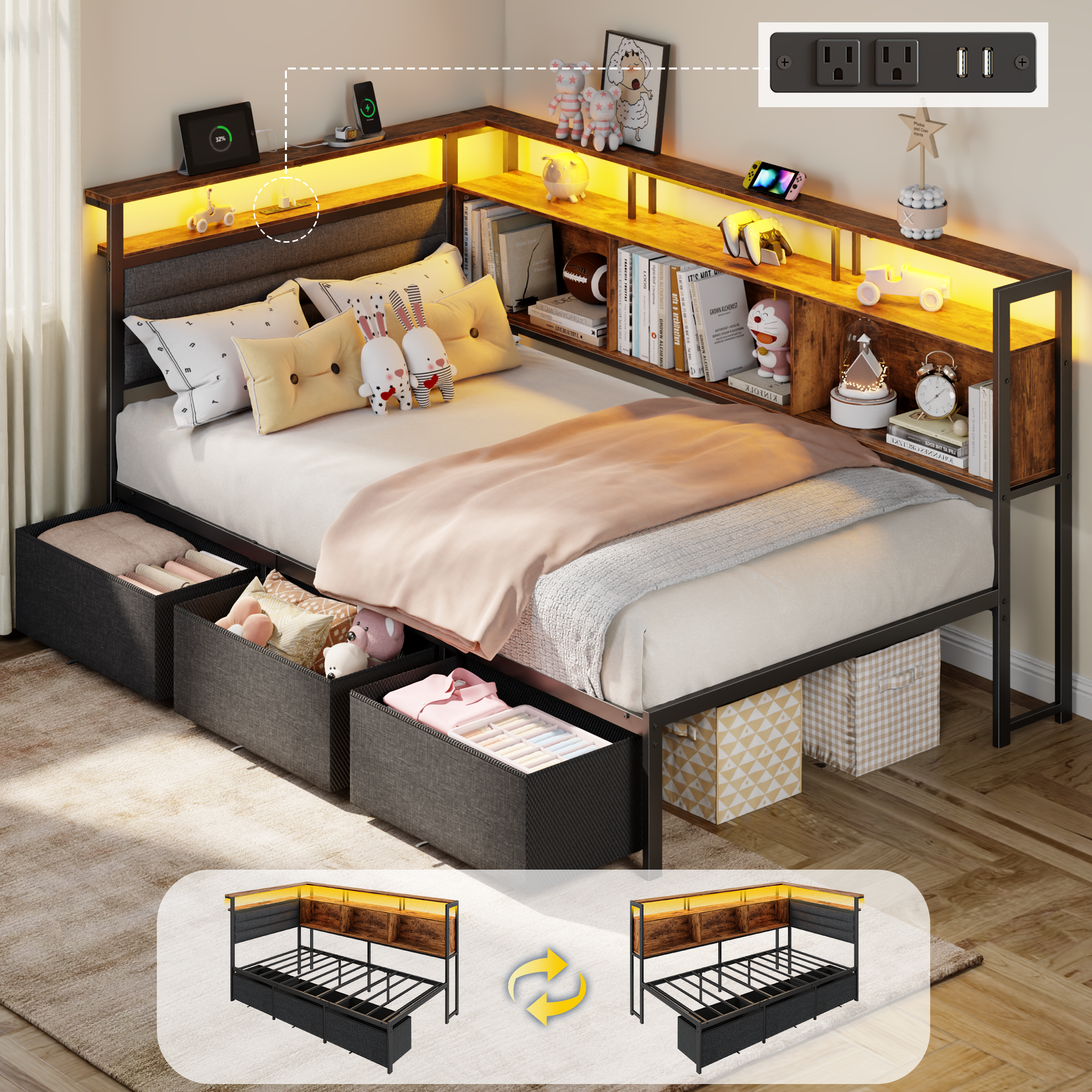 Twin Size Bed Frames Bed Frame with Storage Bookcase and LED Lights with Upholstered Headboard and Charging Station Twin Daybed with 3 Storage Drawers