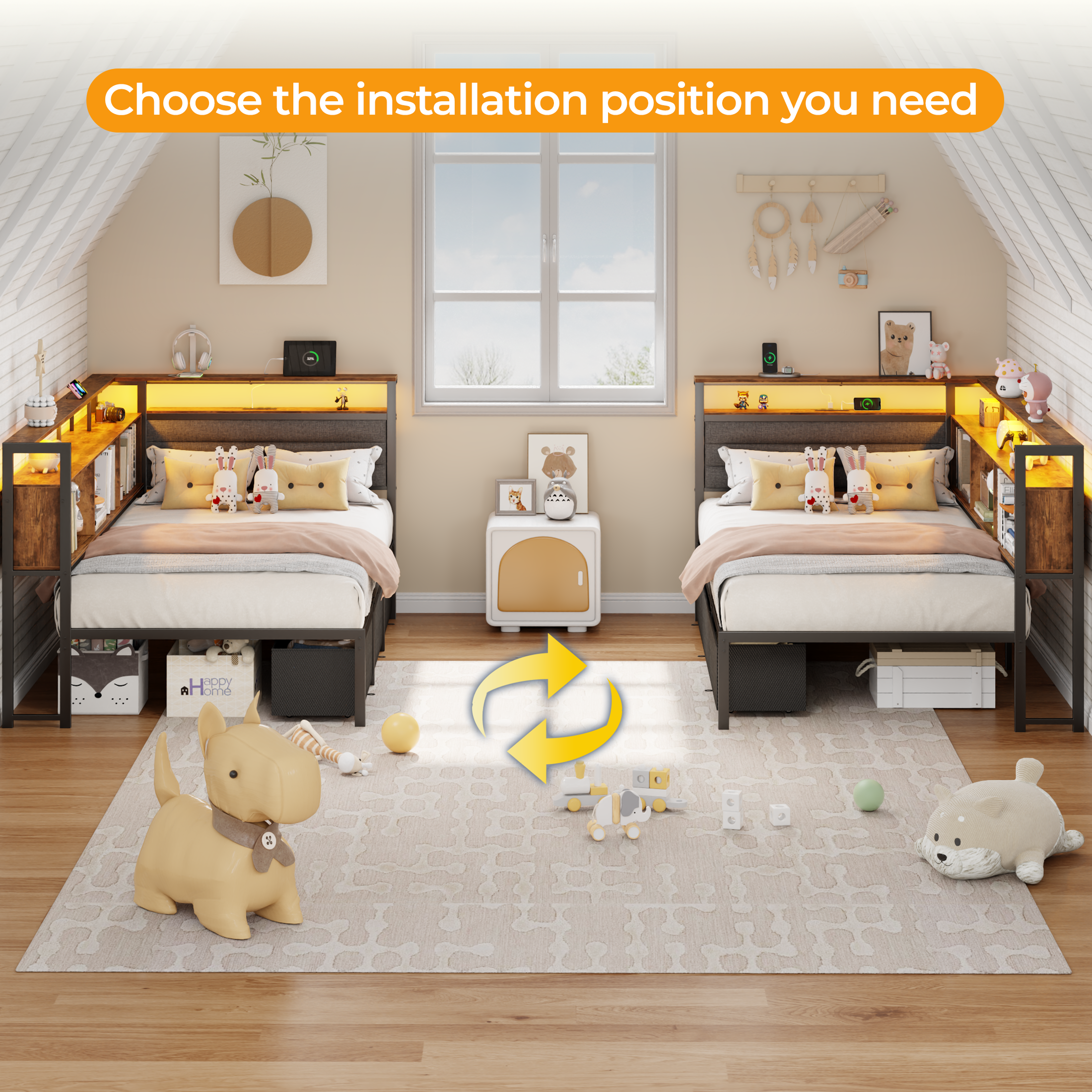 Twin Corner Bed Frame with Storage Bookcase LED Lights Charging Station 3 Drawers L Shaped Daybed for Kids Teens Small Spaces Brown