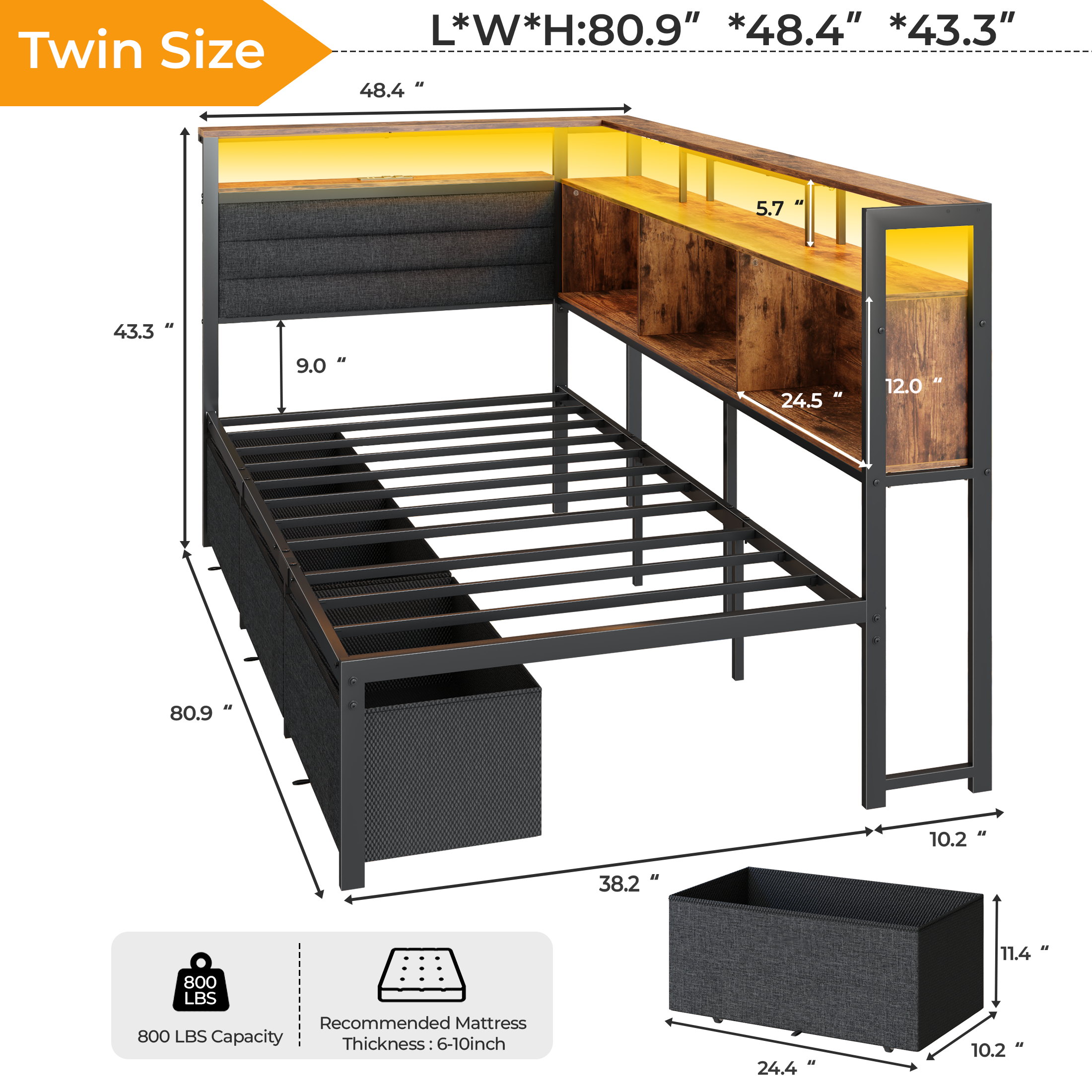 Corner Twin Bed Frame with Bookcase Headboard LED Lights Charging Station 3 Storage Drawers Upholstered Daybed No Box Spring Needed