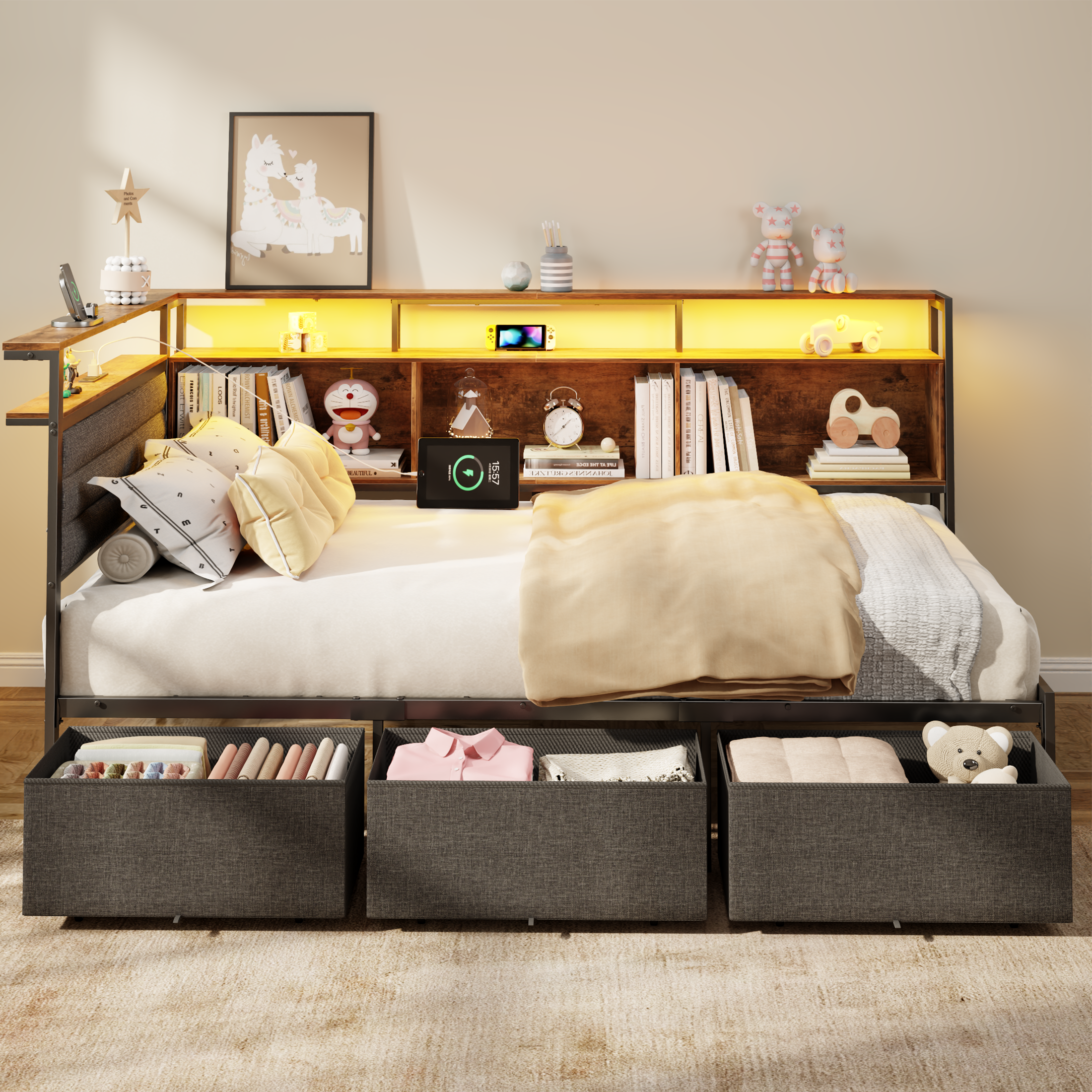 Twin Size Daybed with Storage Drawers Charging Station LED Lights Upholstered Headboard Corner Platform Bed Frame Bookcase Shelves