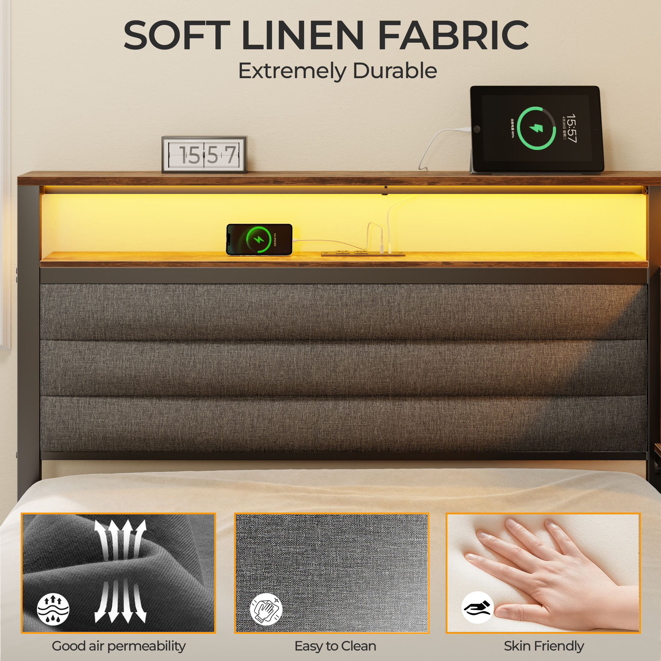 Twin Size Daybed with Storage Drawers Charging Station LED Lights Upholstered Headboard Corner Platform Bed Frame Bookcase Shelves