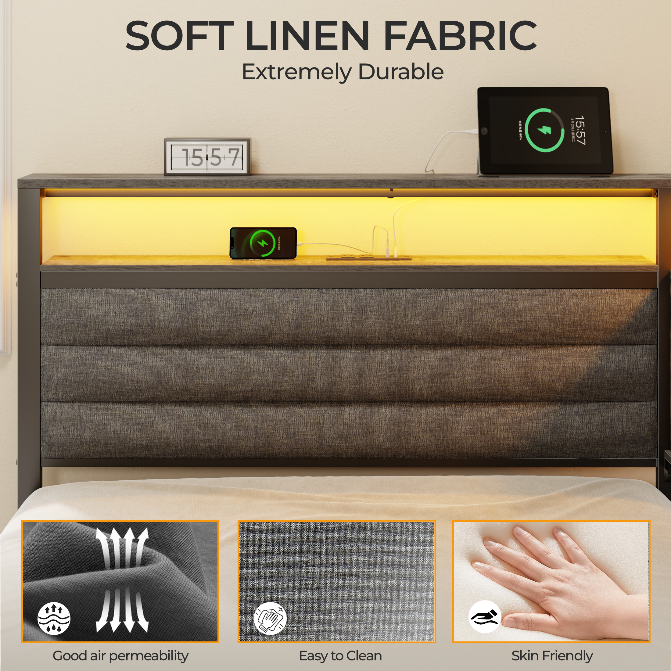 Twin Size Daybed with 3 Storage Drawers Charging Station LED Lights Bookcase Headboard Gray Upholstered Corner Bed Frame Kids Teens