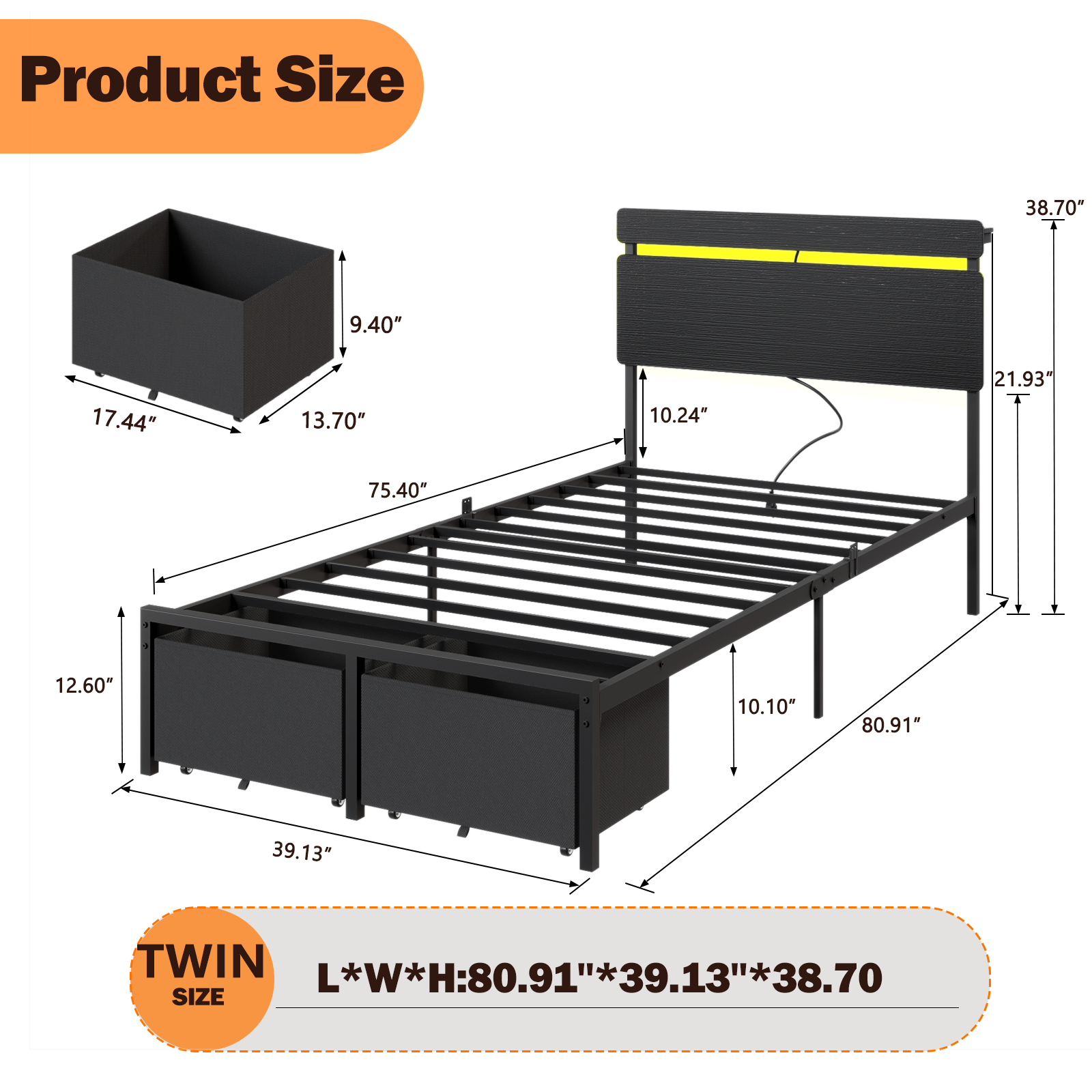 Twin Size Platform Bed Frame with 2 Storage Drawers Headboard Shelf LED Lights Charging Station Black Metal No Box Spring Needed Kids Teen Dorm