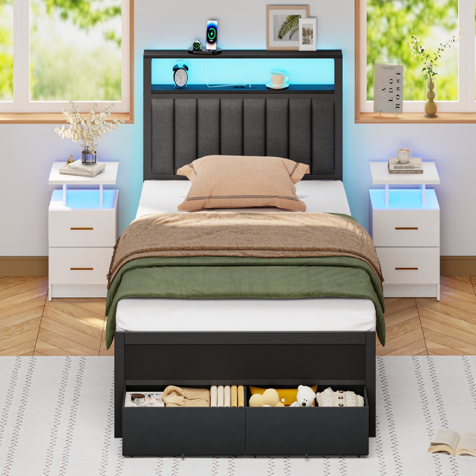 Furnulem Twin Bed Frames with Charging Station and LED Lights, Grey Upholstered Headboard with Shelves