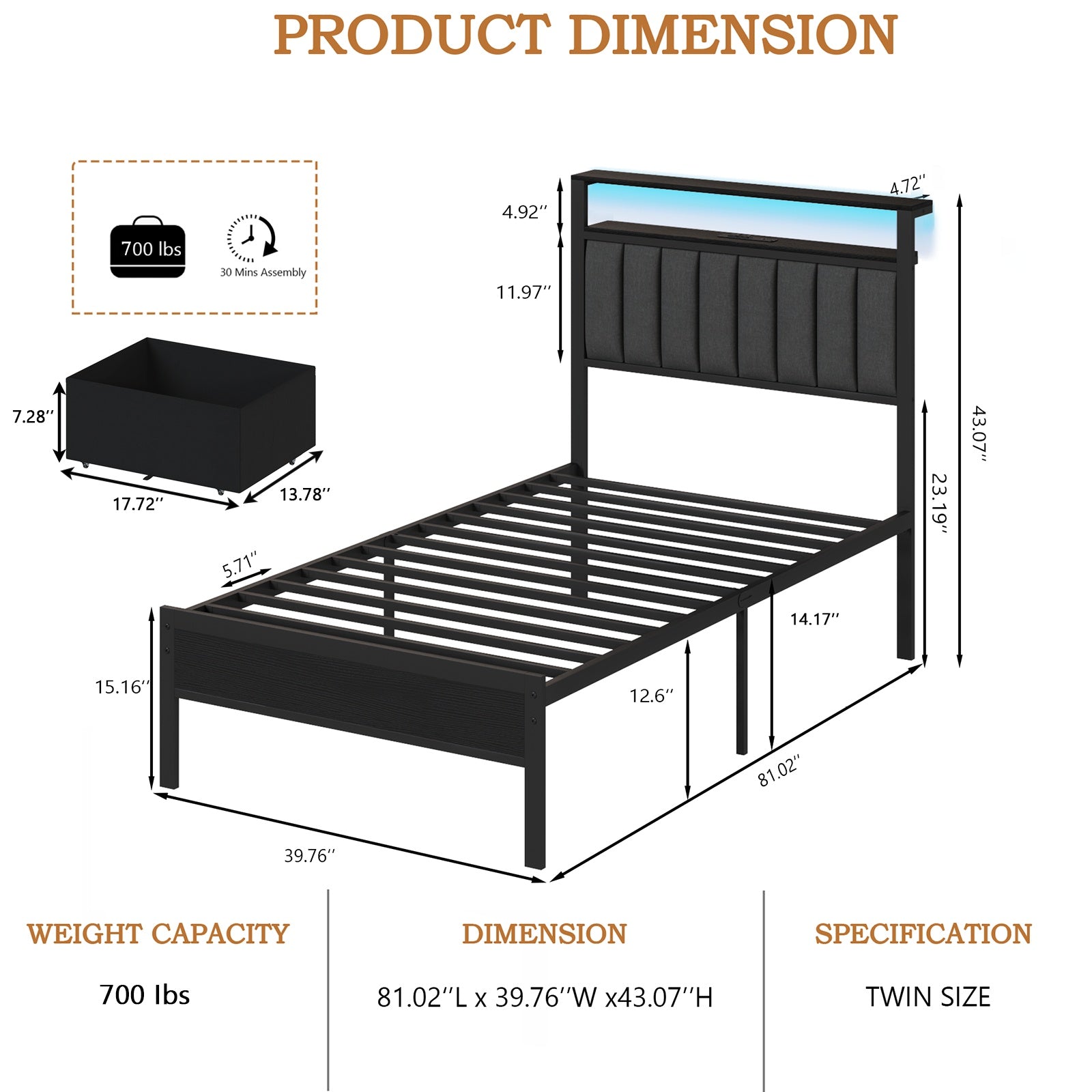 Furnulem Twin Bed Frames with Charging Station and LED Lights, Grey Upholstered Headboard with Shelves