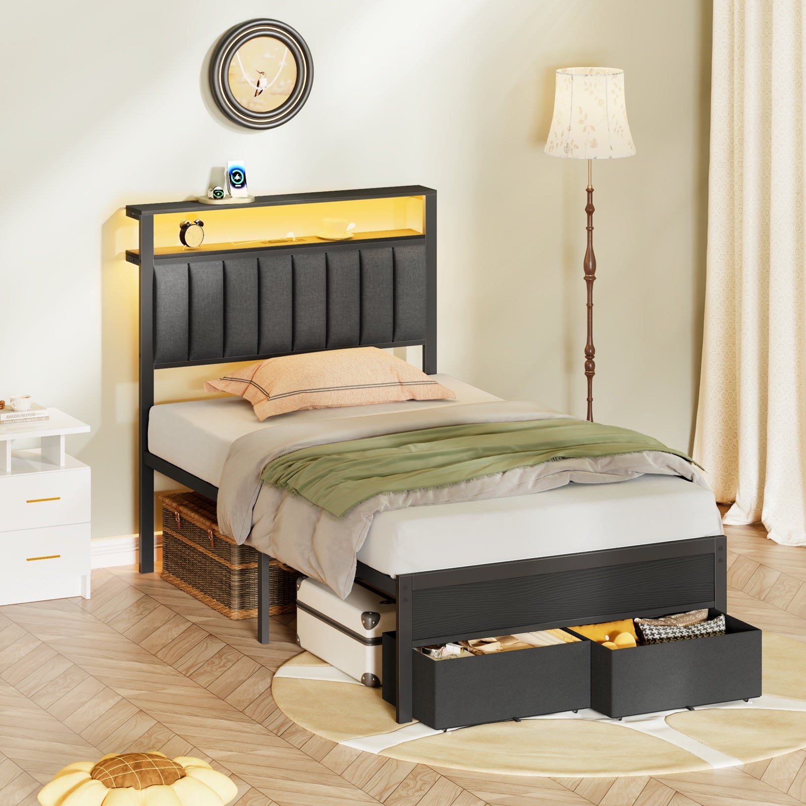 Furnulem Bed Frame with LED Lights, Charging Station & Storage