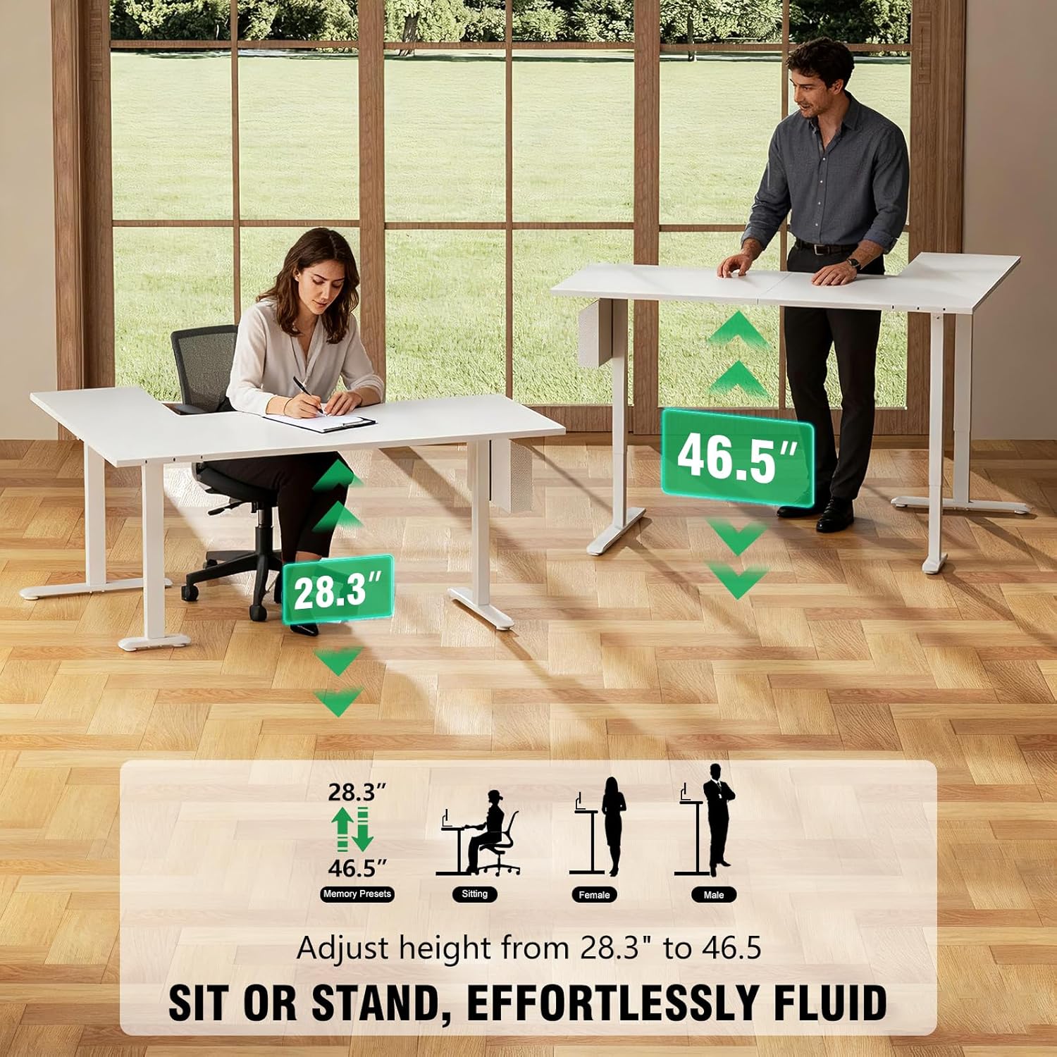 White 63 Inch L Shaped Electric Standing Desk Adjustable Height Sit to Stand Corner Computer Table Reversible Memory Presets Home Office Workstation