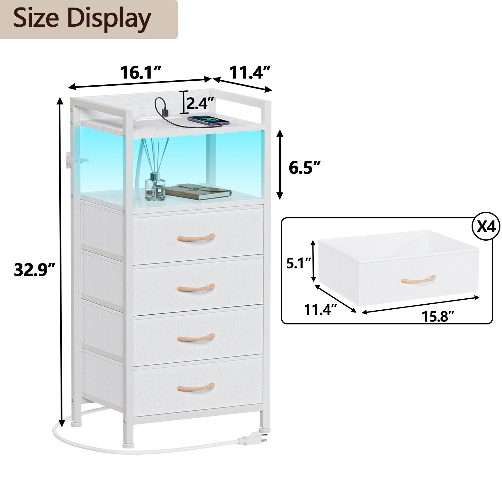 Furnulem 4 Drawer Nightstand with Charging Station