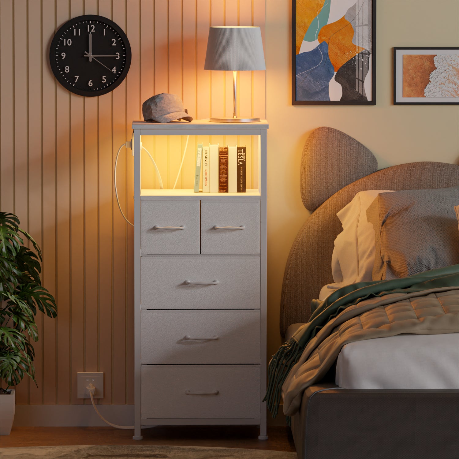 Furnulem Tall LED Dresser with Charging Station and 5 Drawers