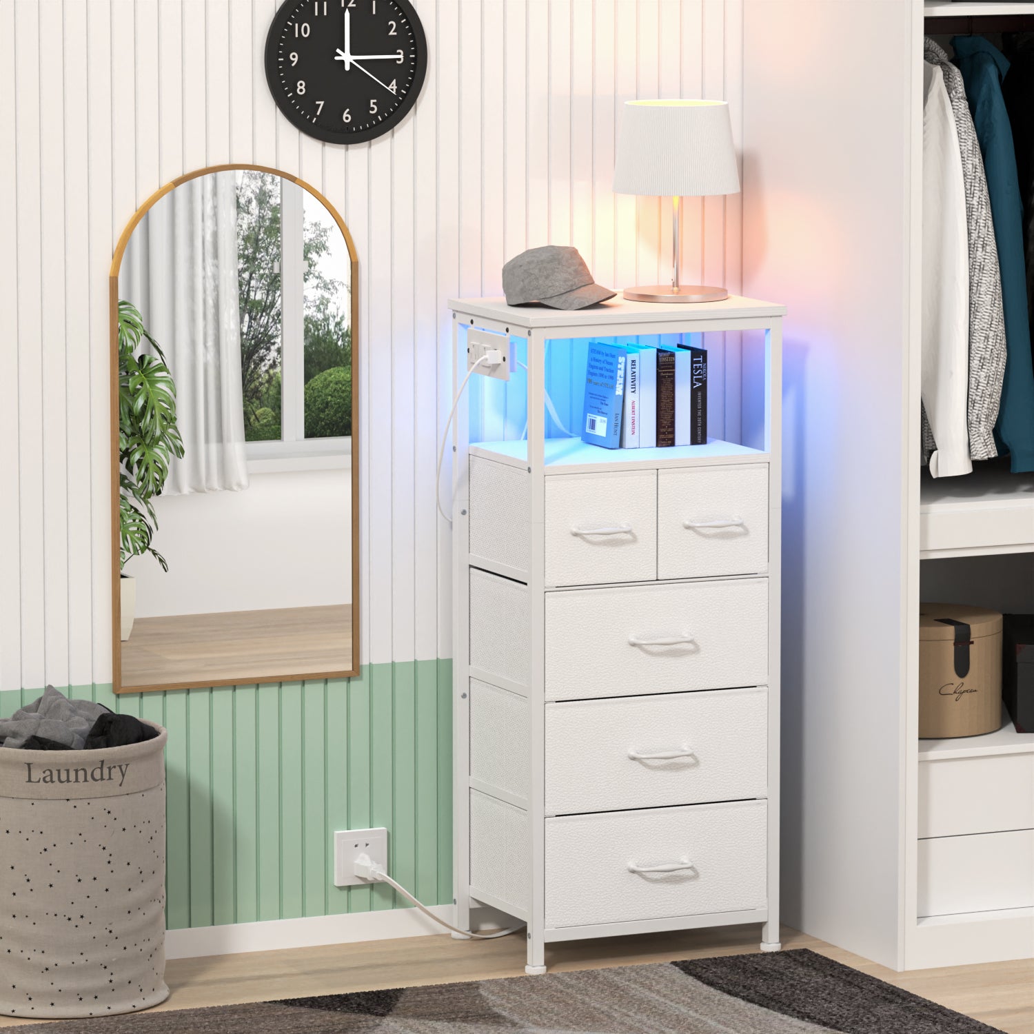 Furnulem Tall LED Dresser with Charging Station and 5 Drawers