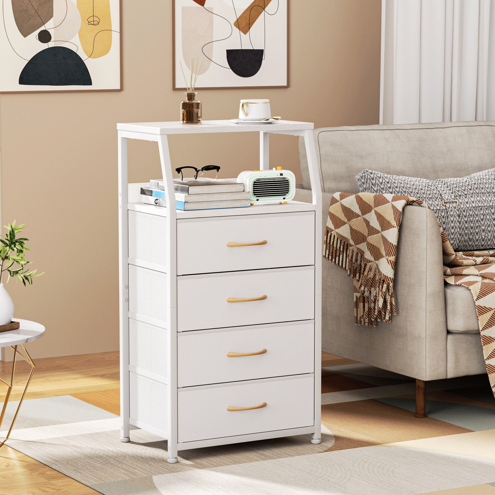 Furnulem Nightstands with 3/4/5 Drawers & Outlets, Bedside Tables with 2 USB Ports & 2-Tier Open Shelf