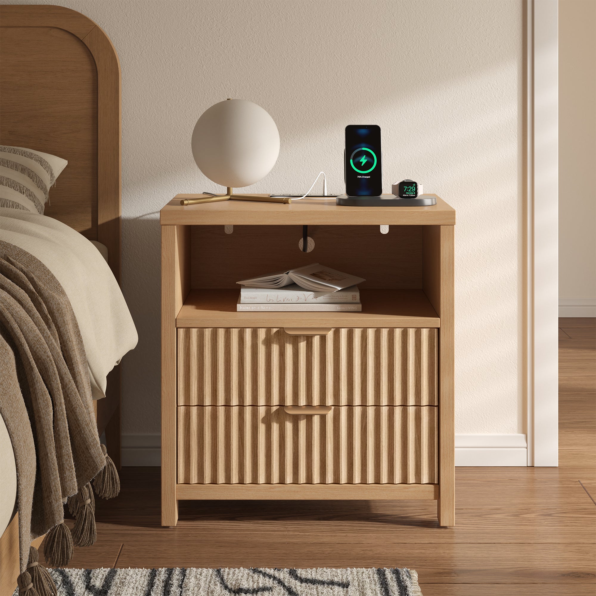 Nightstand with Charging Station Accent Night Stand with 2 Drawers and Storage Shelf Slide Drawer Bedside Table for Bedroom Natural Oak Thick Wood