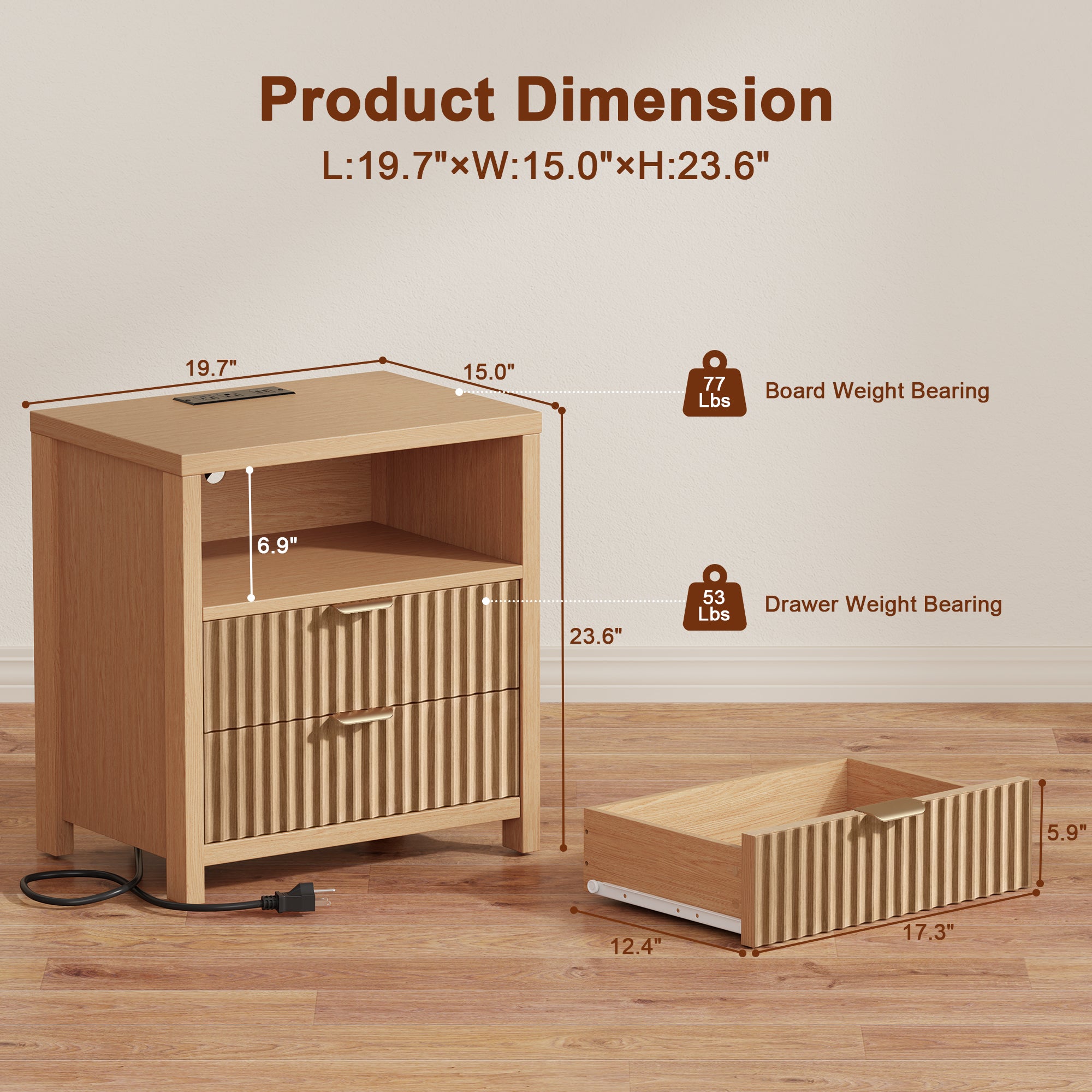 Nightstand with Charging Station Accent Night Stand with 2 Drawers and Storage Shelf Slide Drawer Bedside Table for Bedroom Natural Oak Thick Wood