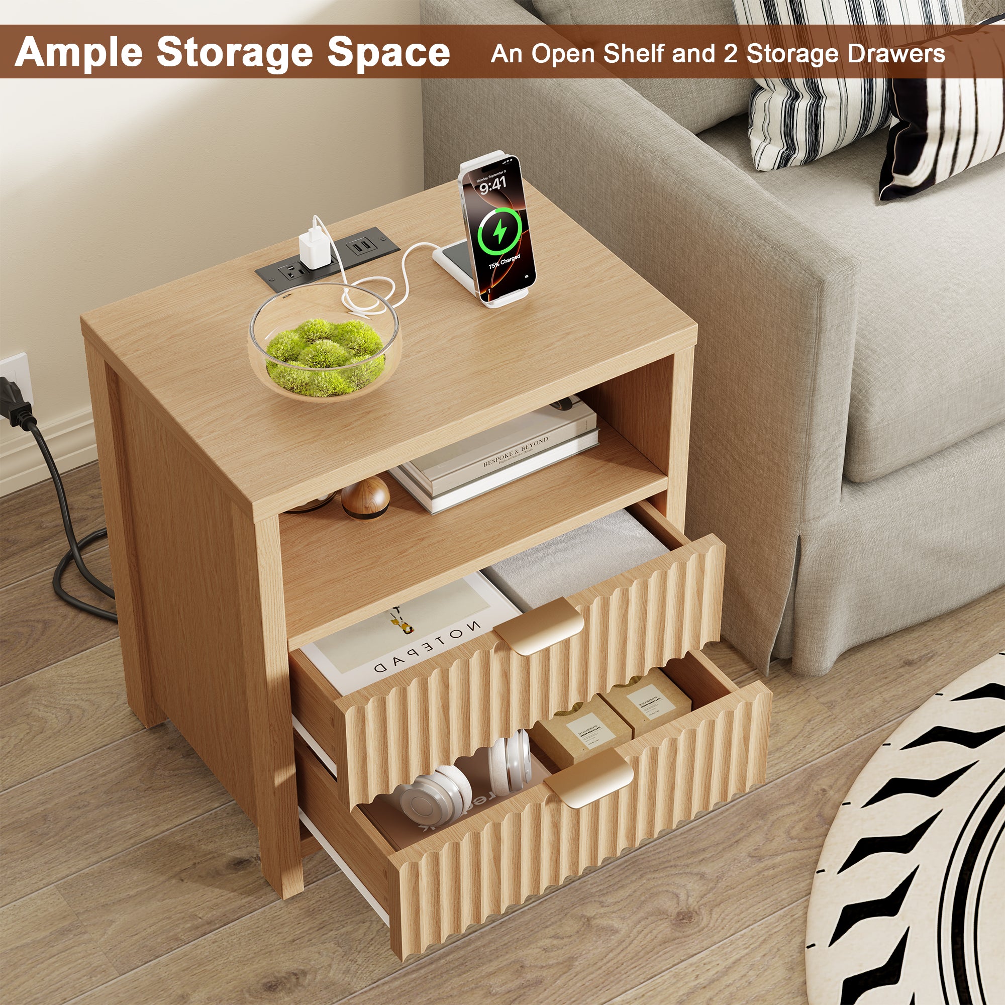 Nightstand with Charging Station Accent Night Stand with 2 Drawers and Storage Shelf Slide Drawer Bedside Table for Bedroom Natural Oak Thick Wood
