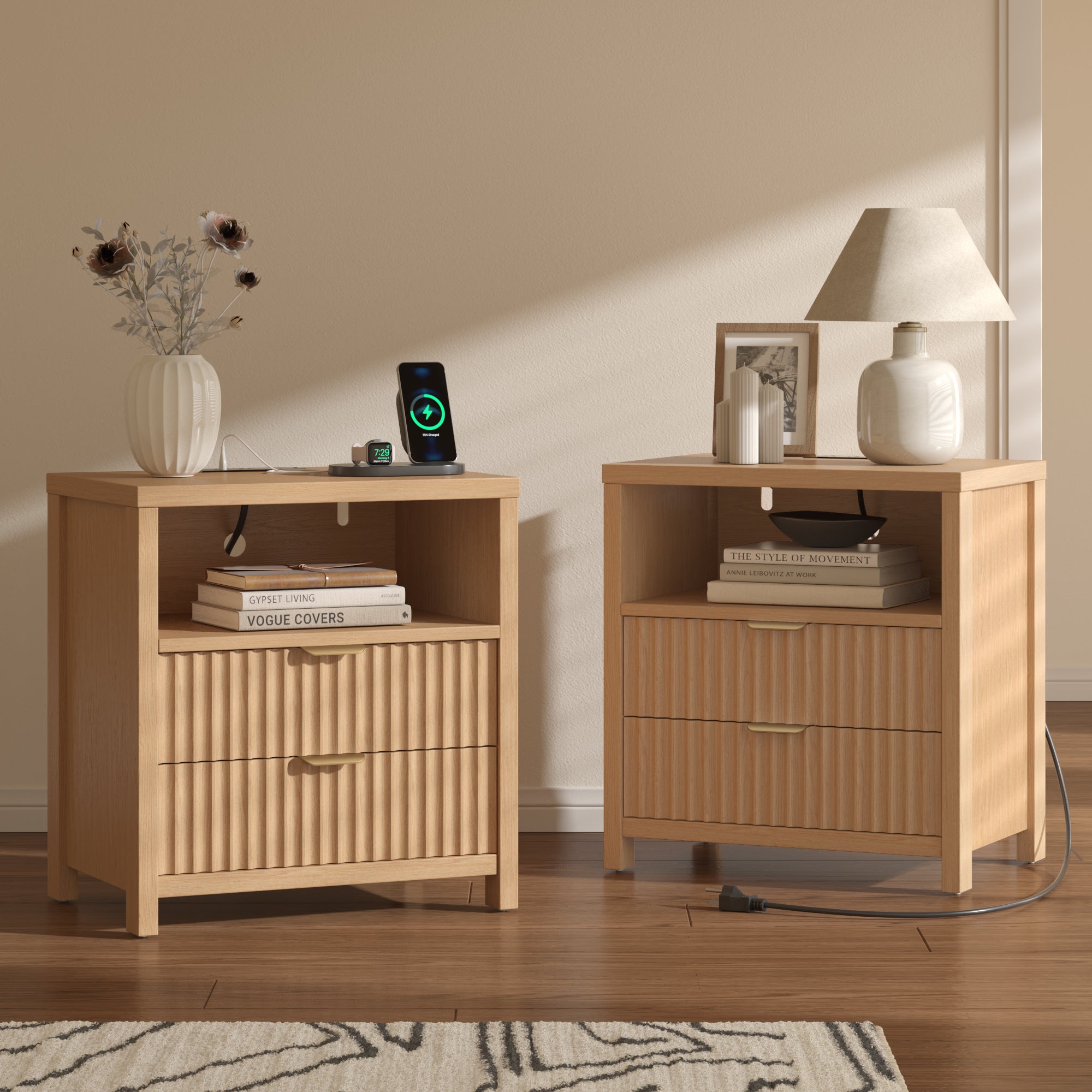 Nightstand with Charging Station Accent Night Stand with 2 Drawers and Storage Shelf Slide Drawer Bedside Table for Bedroom Natural Oak Thick Wood