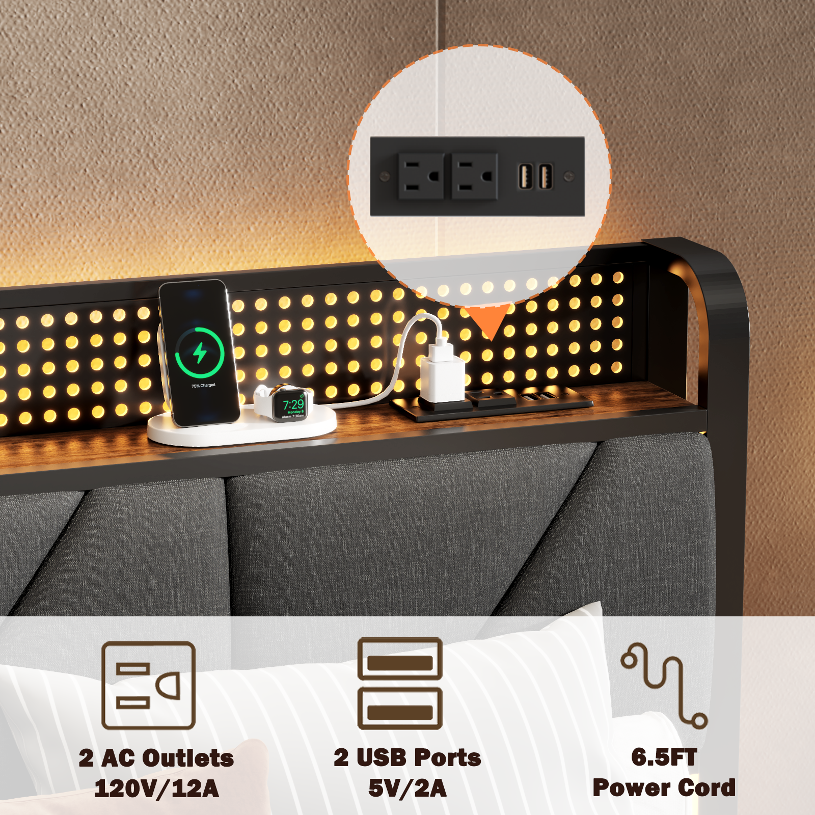 Furnulem Full Bed Frame with LED Lights,Headboard with Charging Station and USB Port,Upholstered Platform Bedframe Metal Support,No Box Spring Needed