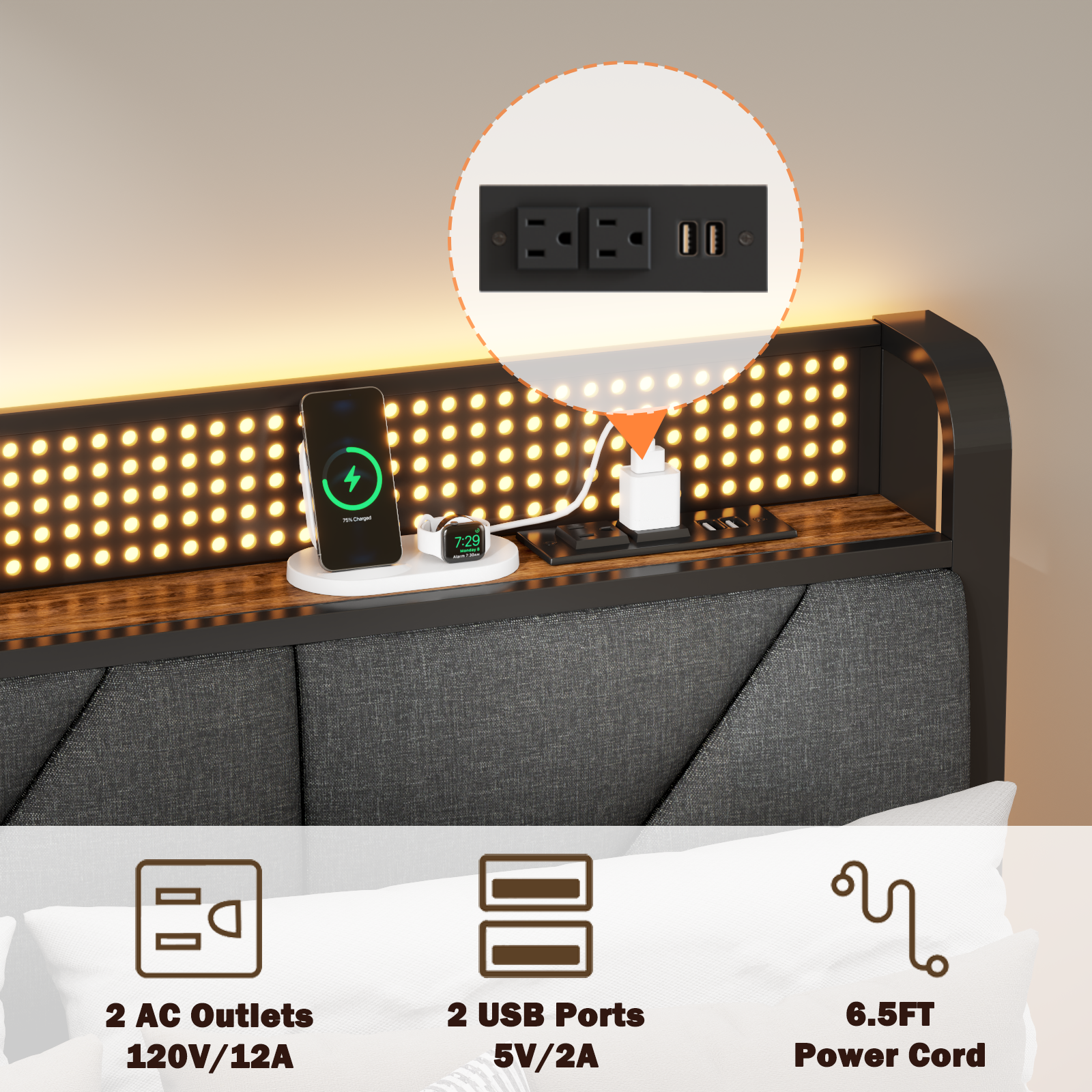 Furnulem Queen Size Bed Frame with Headboard and LED Lights, Upholstered Bedframe with Charging Station and USB Port  No Box Spring Needed