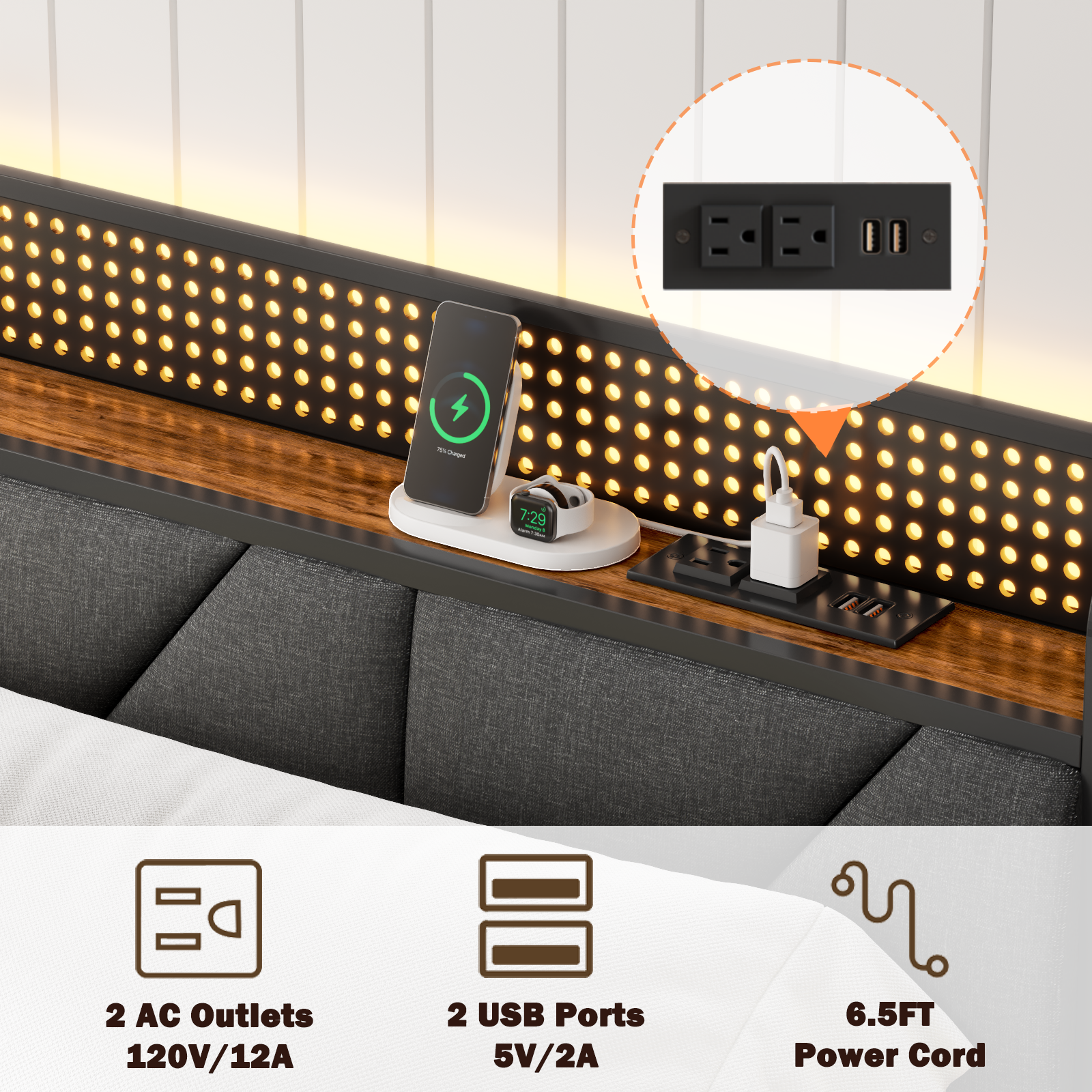 Furnulem King Bed Frame with Headboard and LED Light Upholstered Platform with Power Outlet and USB Port Bed with Metal Support and Footboard