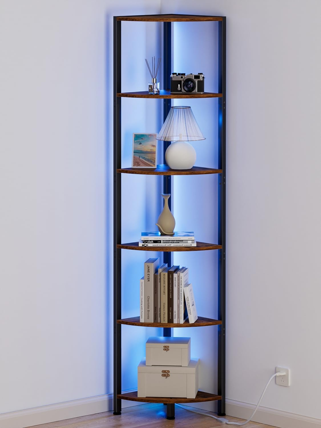 6 Tier Corner Shelf with LED Light, 67.5" Corner Narrow Bookshelf