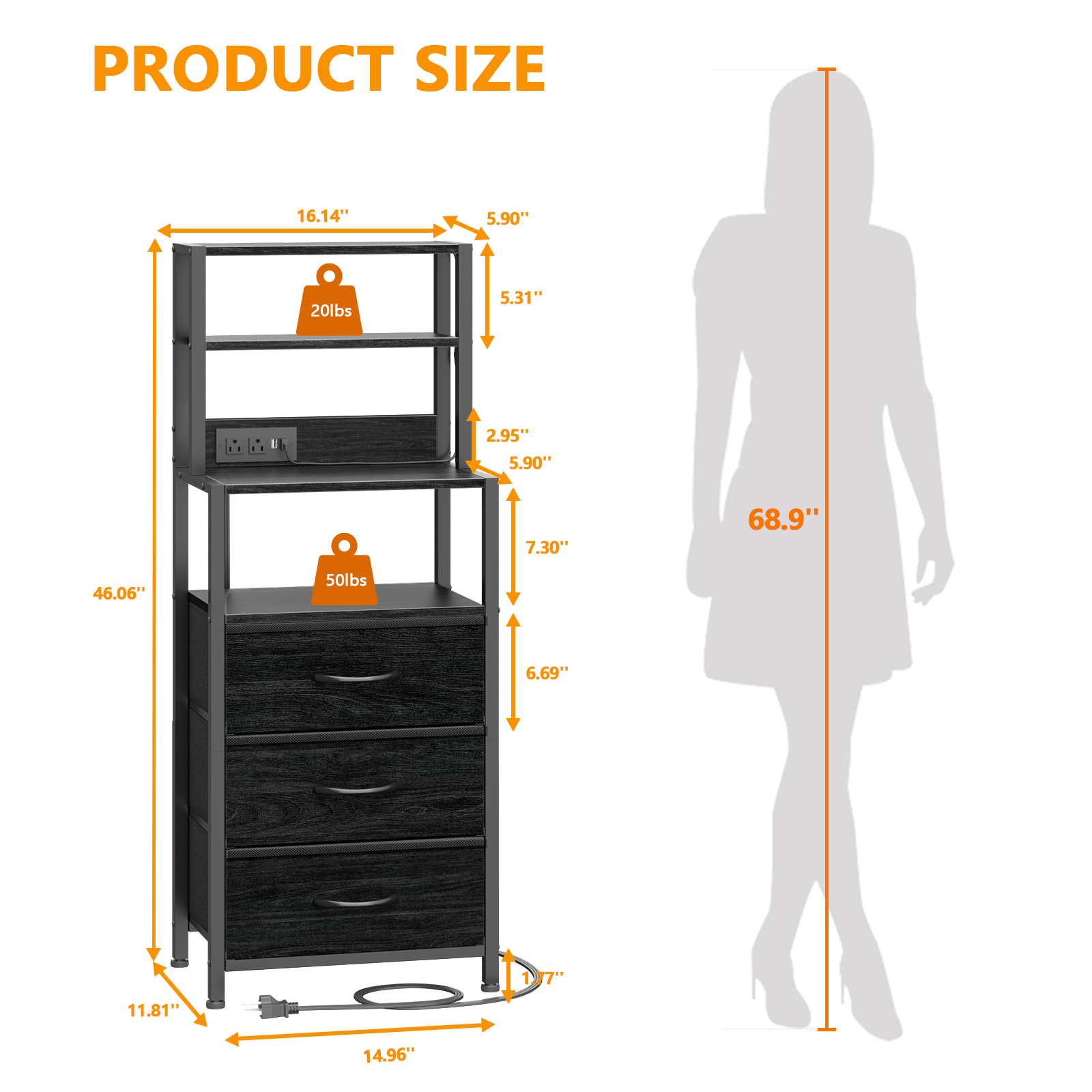 Tall Black Nightstand 4 Tier Storage Shelves 3 PU Fabric Drawers Modern Bedside Table Narrow Accent Side End Table Organizer for Bedroom Living Room