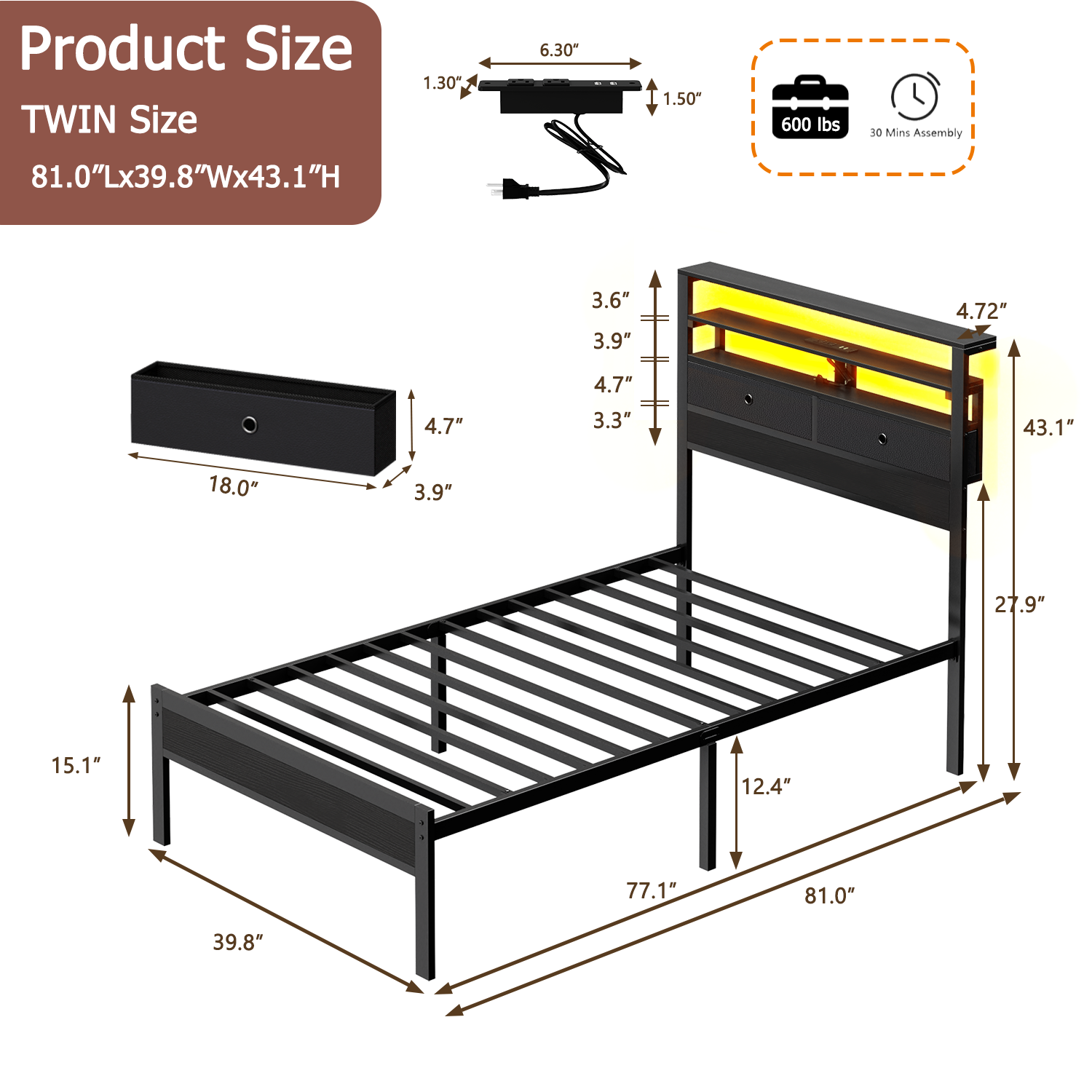Twin Bed Frame with Storage Bed Frame With Rgb Led Lights Bed With Headboard Charging Station No Box Spring Needed  Black Oack