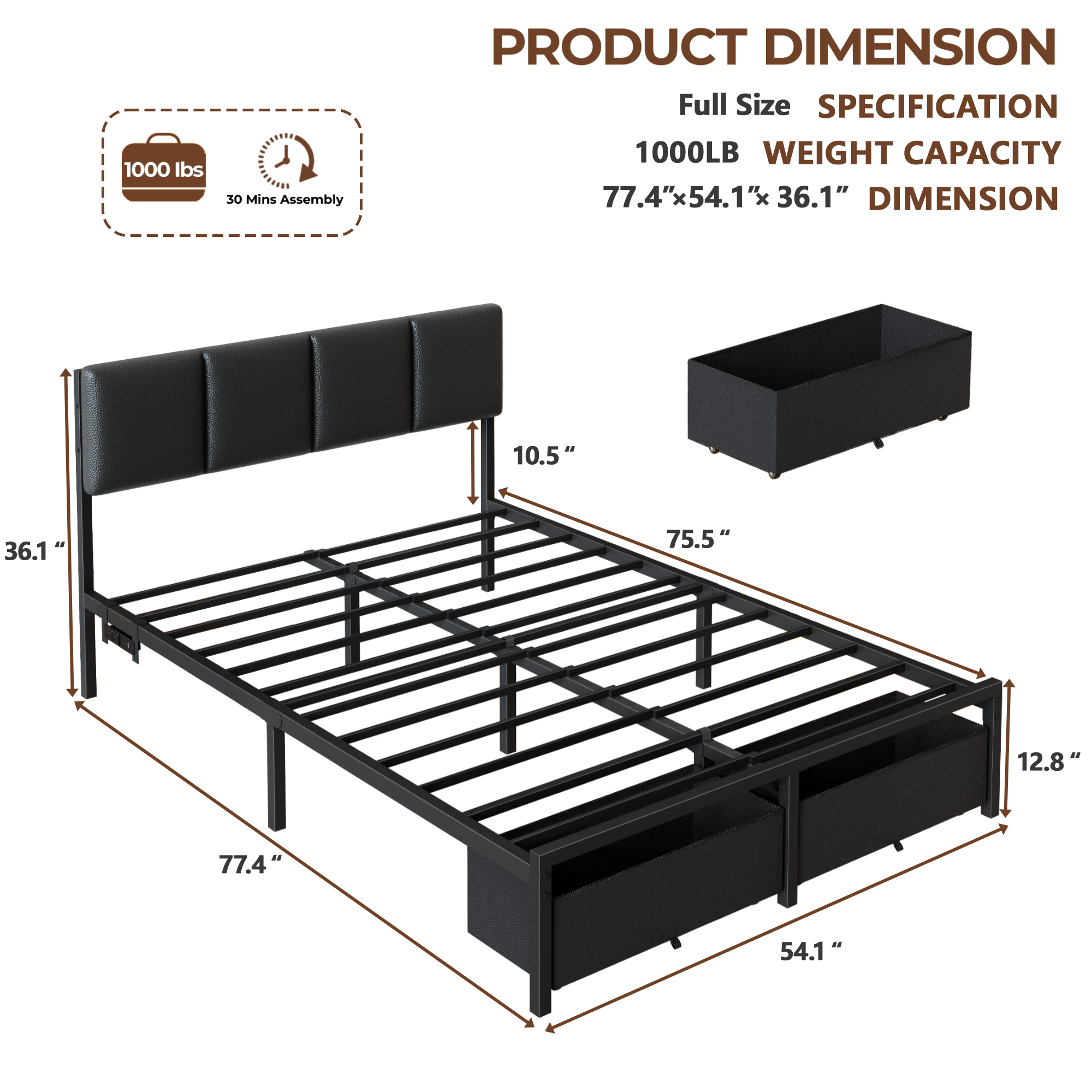 Qwatto Full Size Upholstered Platform Bed Frame with LED Lights USB Charging Station and Two Storage Drawers Black Faux Leather No Box Spring Needed
