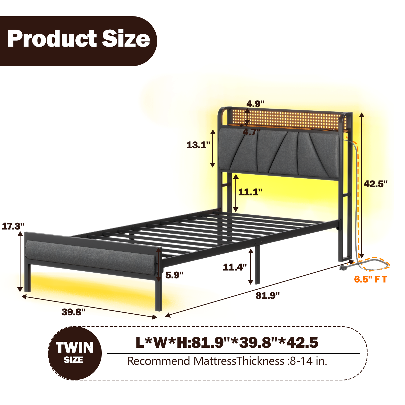 Twin Size Platform Bed Frame LED Lights Charging Station Upholstered Storage Headboard Shelf Heavy Duty Metal No Box Spring Needed Gaming Kids