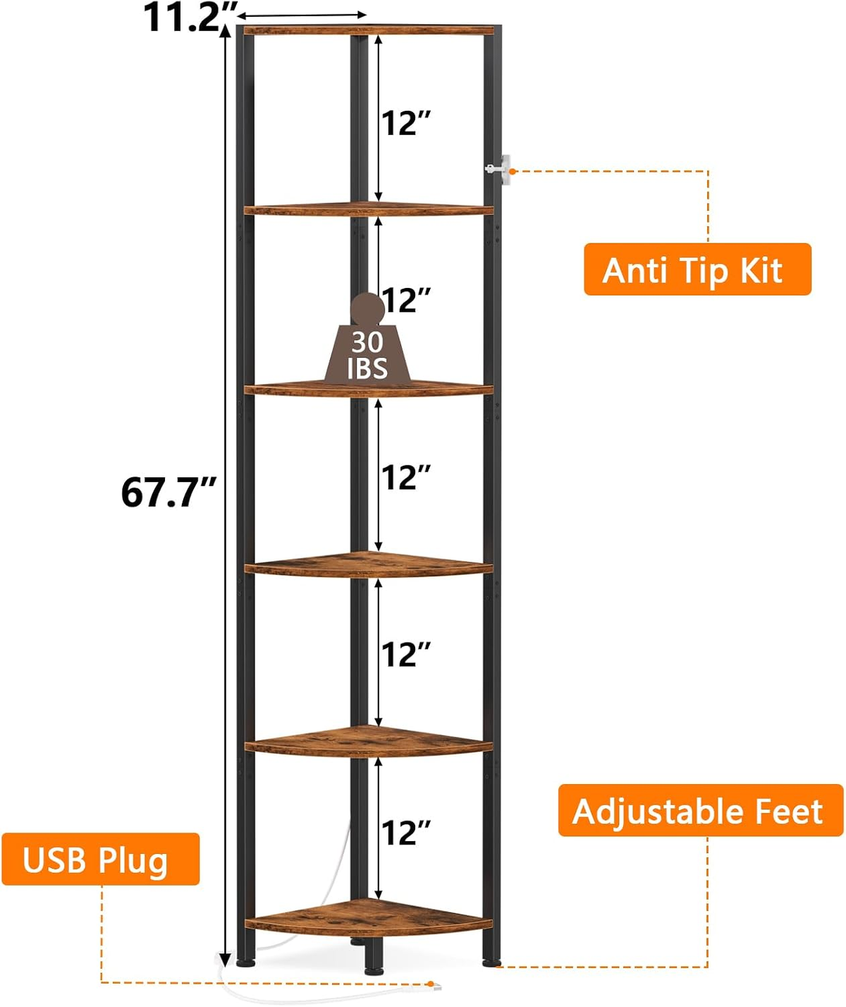 6 Tier Corner Shelf with LED Light, 67.5" Corner Narrow Bookshelf