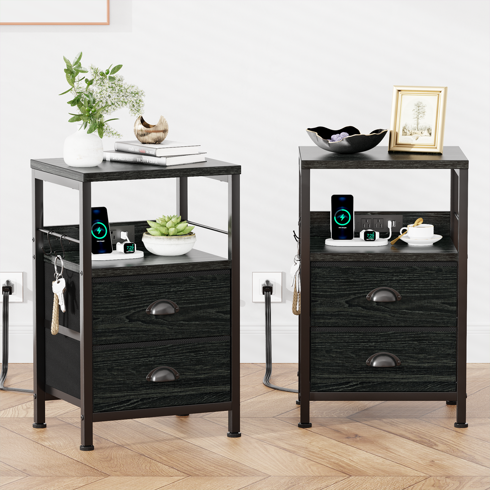 Set of 2 Nightstands with Charging Station and USB Ports Modern Bedside Side Tables with 2 Fabric Drawers and Storage Shelves End Tables Bedroom Black