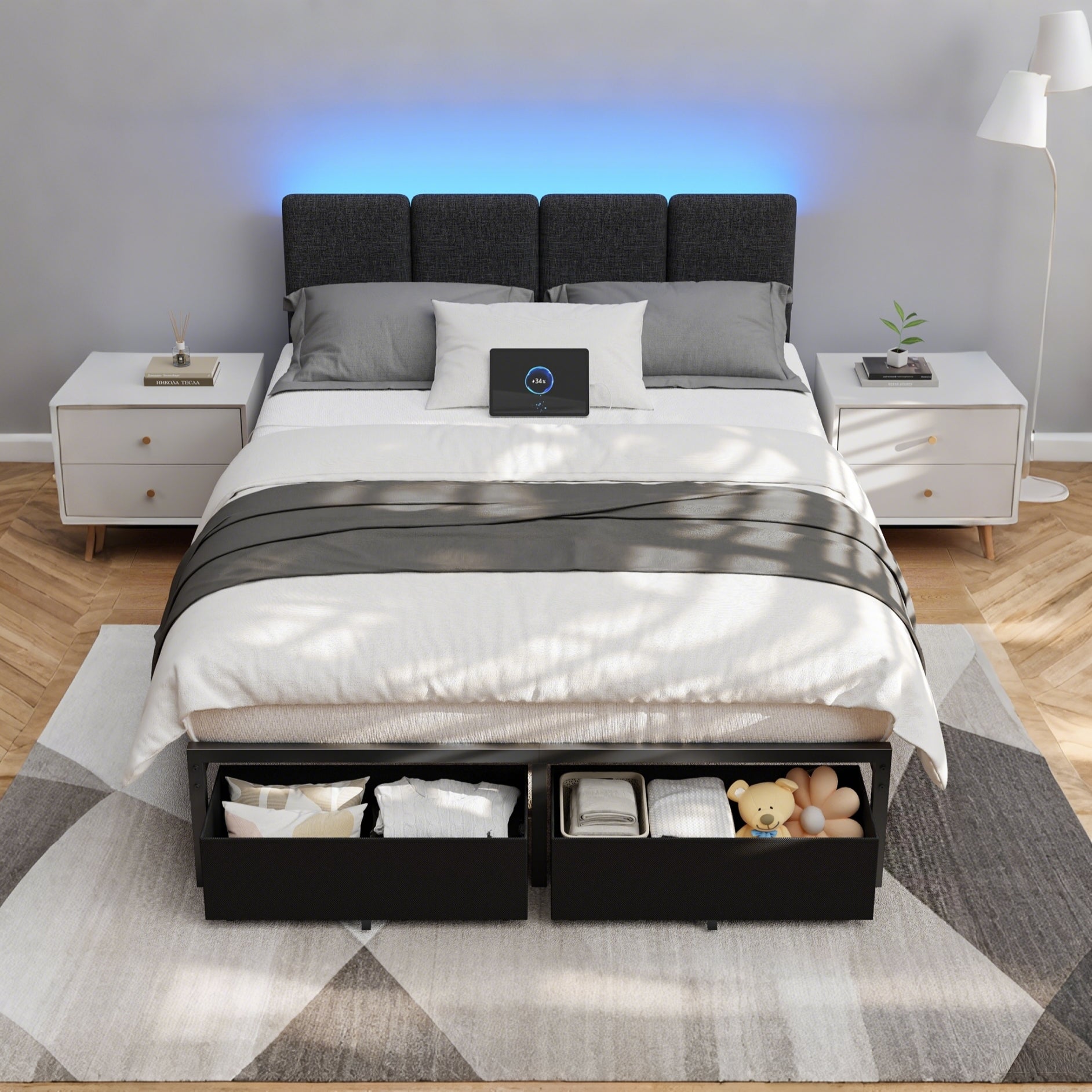 Furnulem Full Size Bed Frame with Headboard,Upholstered Bed Full with LED Light
