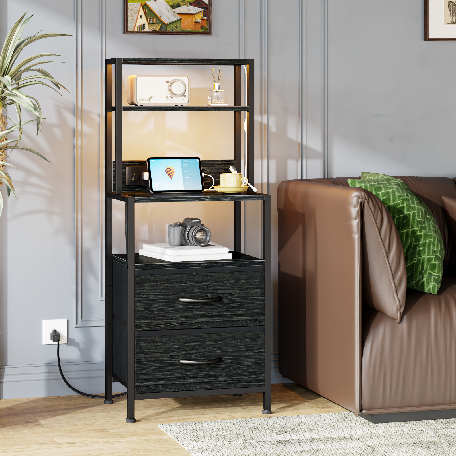 Furnulem Night Stand, Tall Nightstand with 4-Tier Shelves, 2 Fabric Drawers and Light Tube, Bed Side Tables with Charging Station, Bedside Table for Bedroom, Office, Rustic Brown
